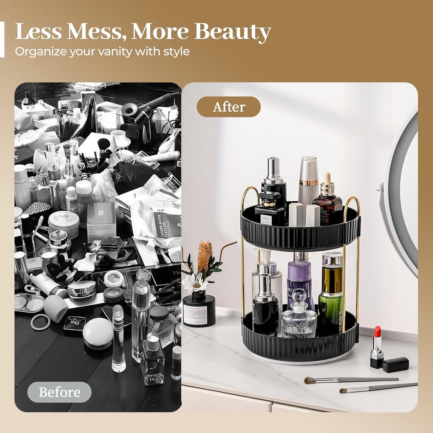 Aveniee 360 Rotating Makeup Organizer for Vanity, Skincare Perfume Organizers, 2 Tiered Bathroom Countertop Storage, Black Cosmetics Lipstick Skin Care Holder for Dresser