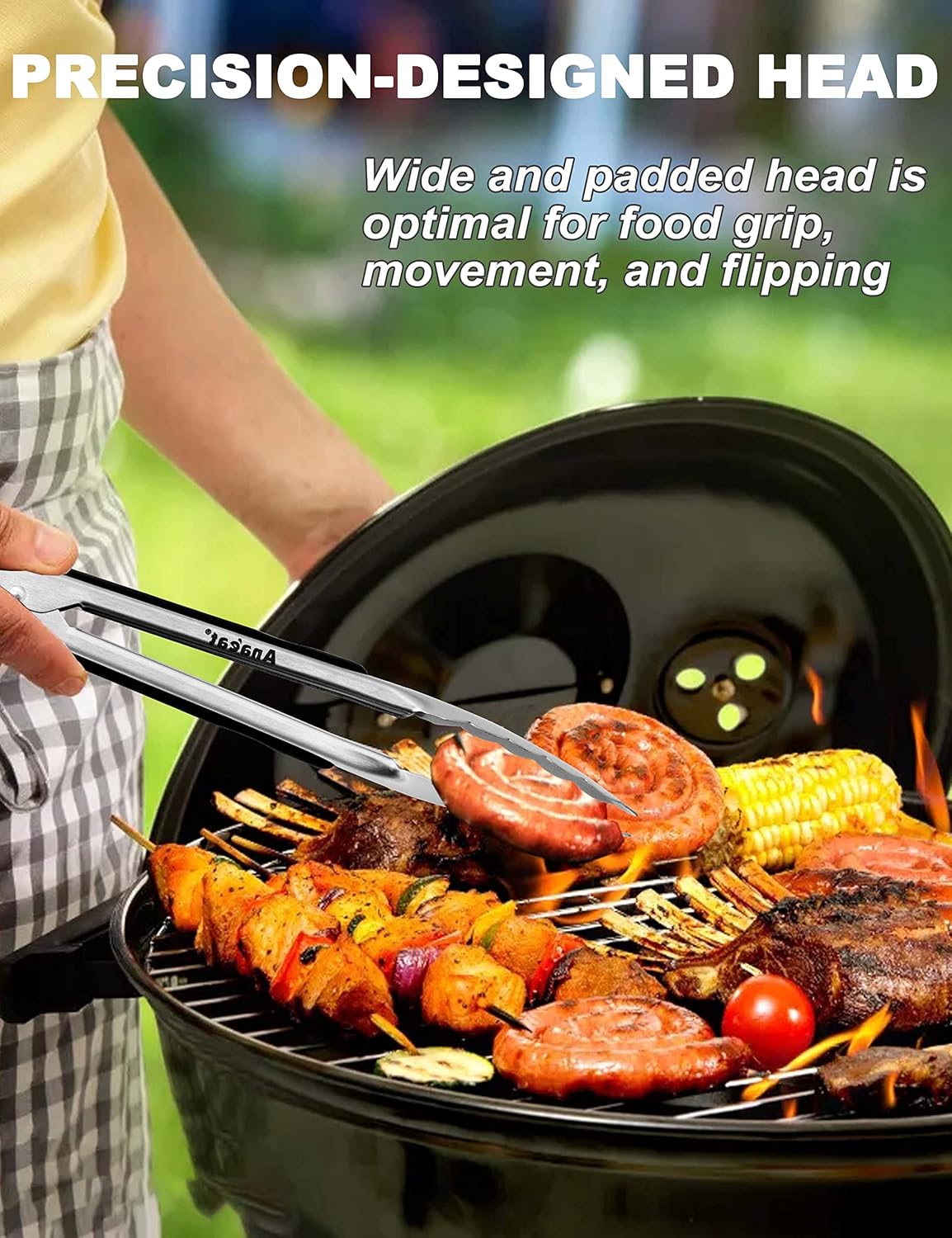 Anaeat Premium Stainless Steel Kitchen Tong Set of 2 - Sturdy Coiled Spring 9" and 12" Locking Food Tong with Non-Slip Silicone Grip for Cooking, Baking, Grilling, BBQ - Heat Resistant up to 480°F