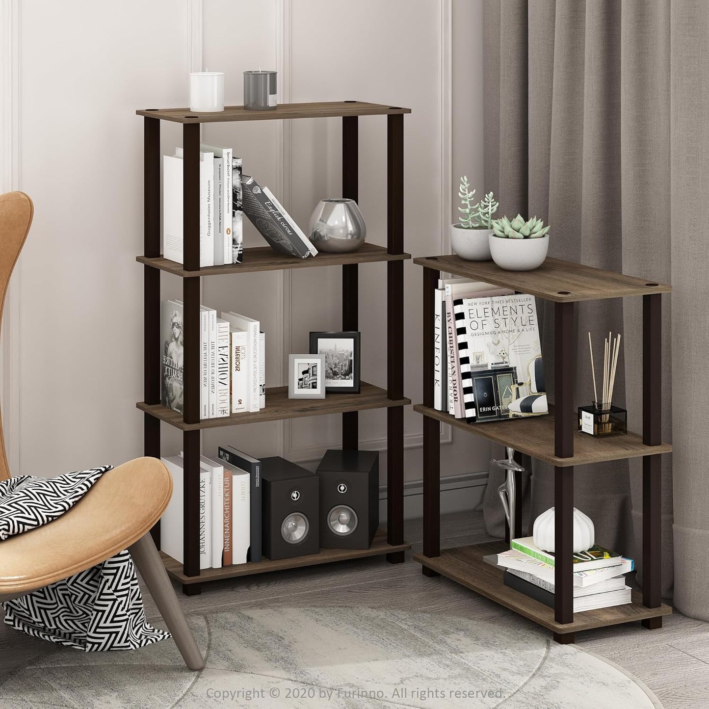 Furinno TURN-S-TUBE Storage Shelves, 3-Tier Book Shelf, Corner Shelf, Toolless Open Shelves, for Organization and Storage, Living Room, Garage, Home Office, Walnut