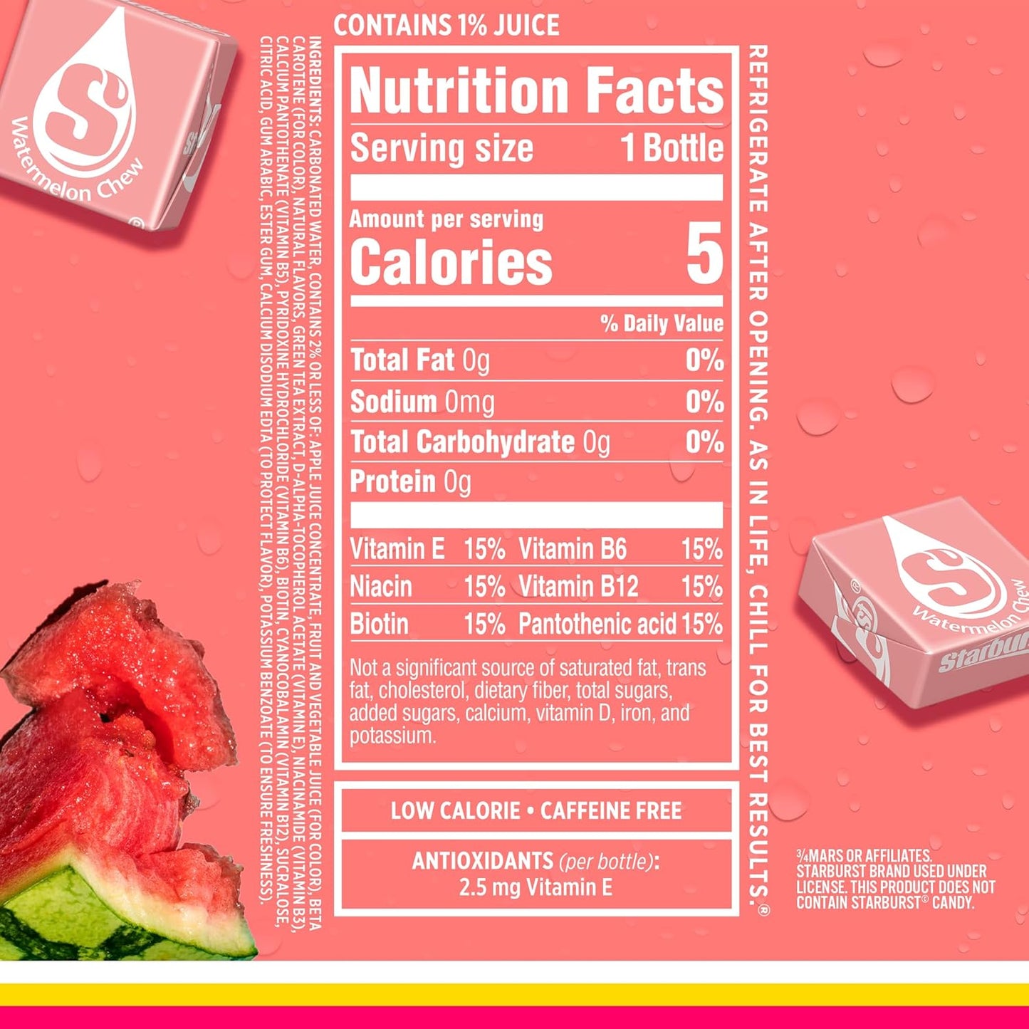 Sparkling Ice STARBURST Watermelon, Zero Sugar Flavored Sparkling Water, with Vitamins and Antioxidants, Low Calorie Beverage, 17 fl oz Bottles (Pack of 12)