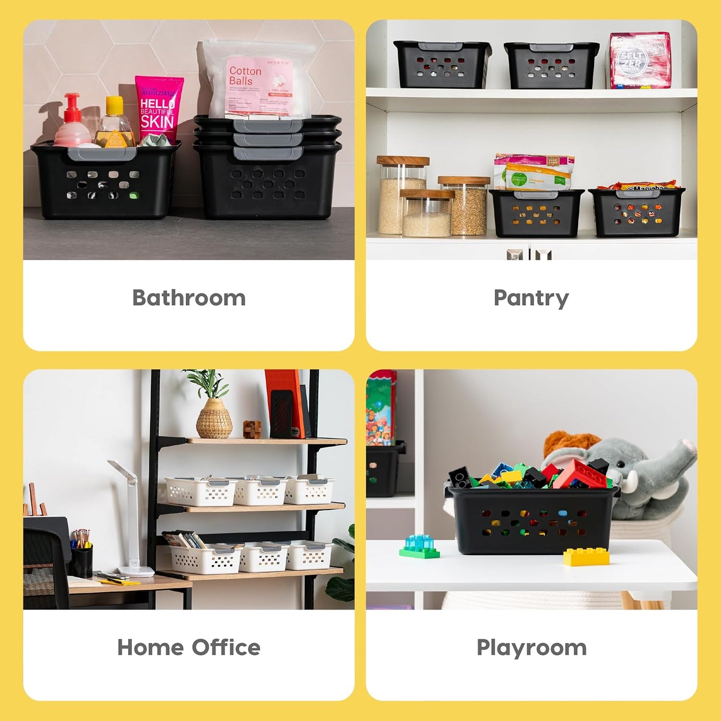 IRIS USA Plastic Basket, 6-Pack, Medium, Shelves Storage Basket for Organizing Pantry, Cabinet, Bedroom, Closet, Laundry Room, Office, Black