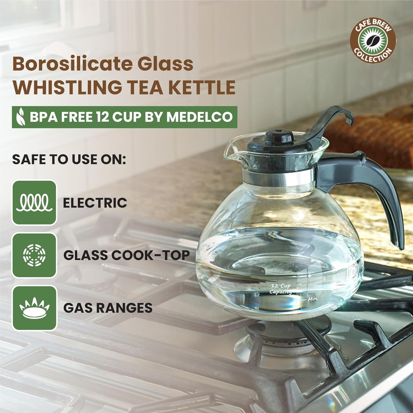 Borosilicate Glass Stove Top Whistling Tea Kettle - 12 Cup/48oz Capacity - BPA-Free - German Made Glass Kettle for Gas, Electric, and Glass Ranges