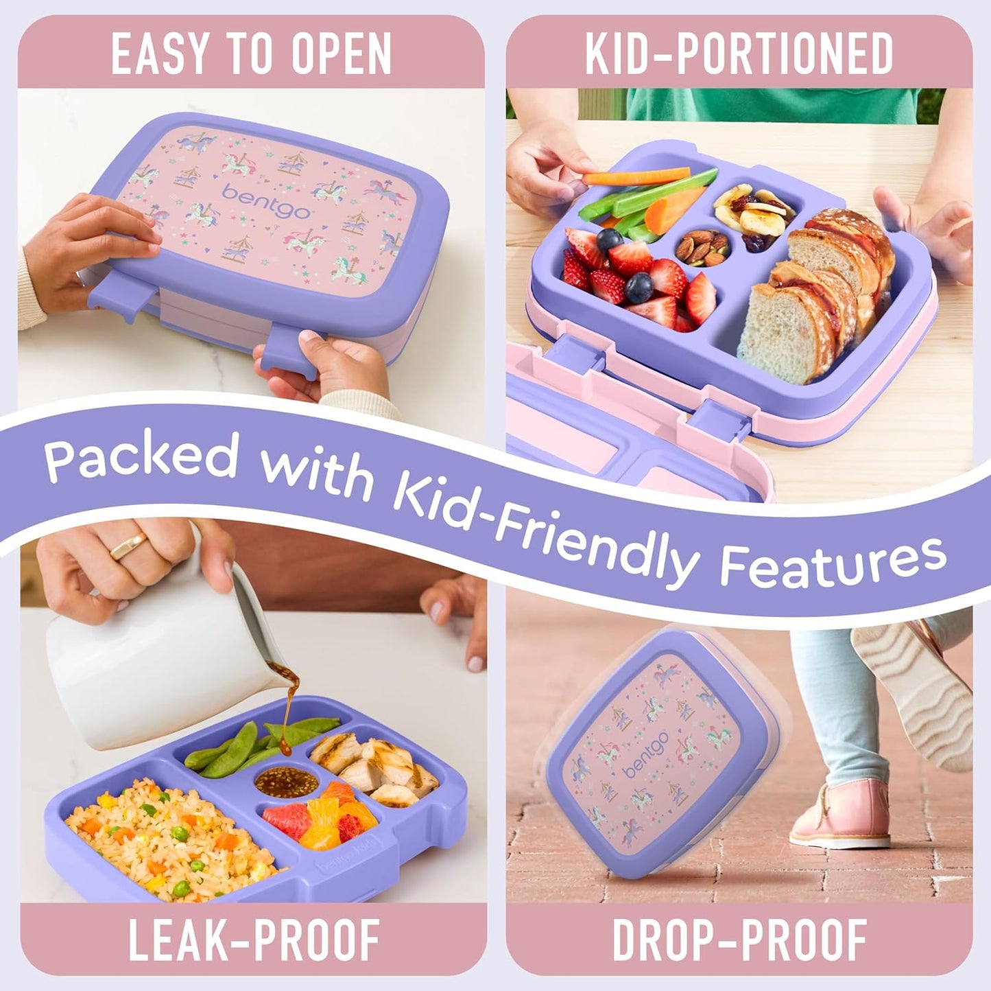 Bentgo Kids Prints Leak-Proof, 5-Compartment Bento-Style Kids Lunch Box - Ideal Portion Sizes for Ages 3-7, Durable, Drop-Proof, Dishwasher Safe, & PFAS & BPA-Free Materials (Carousel Unicorns)