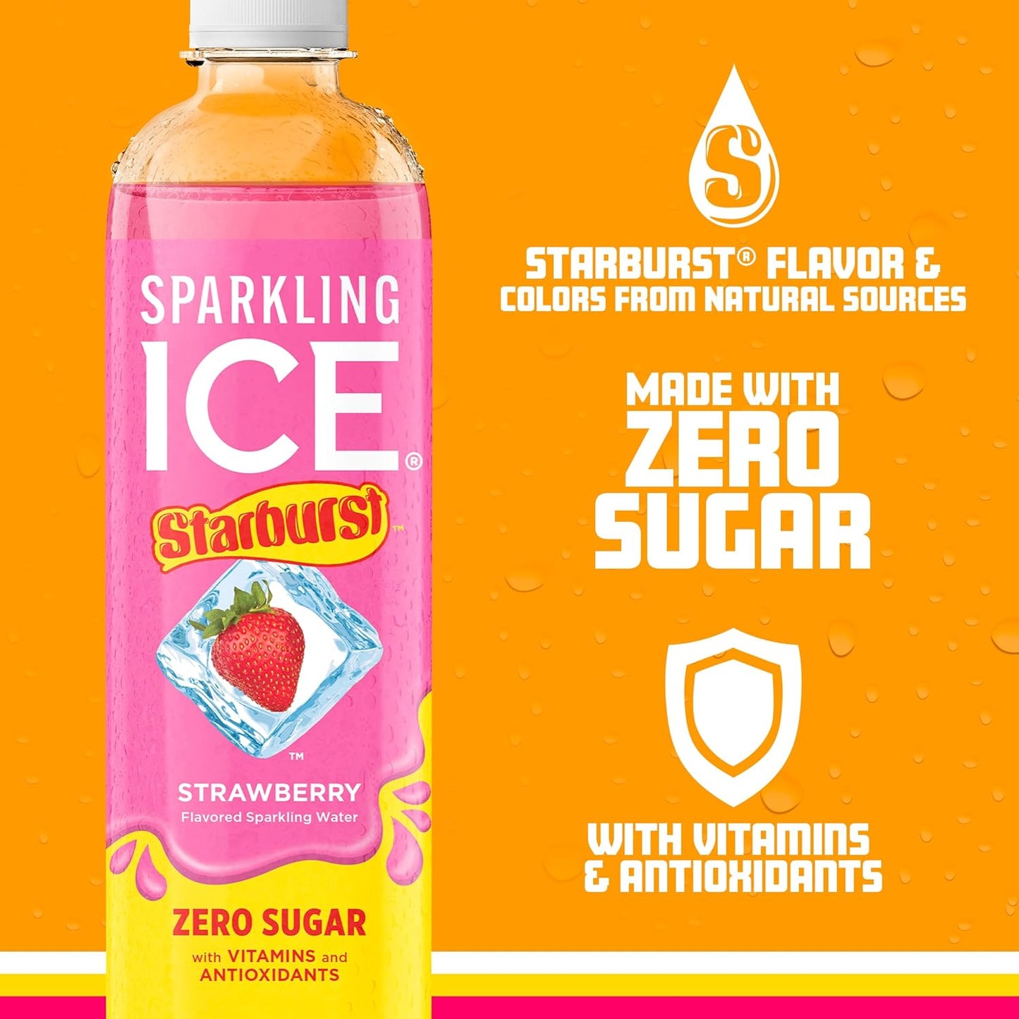 Sparkling Ice STARBURST Strawberry, Zero Sugar Flavored Sparkling Water, with Vitamins and Antioxidants, Low Calorie Beverage, 17 fl oz Bottles (Pack of 12)
