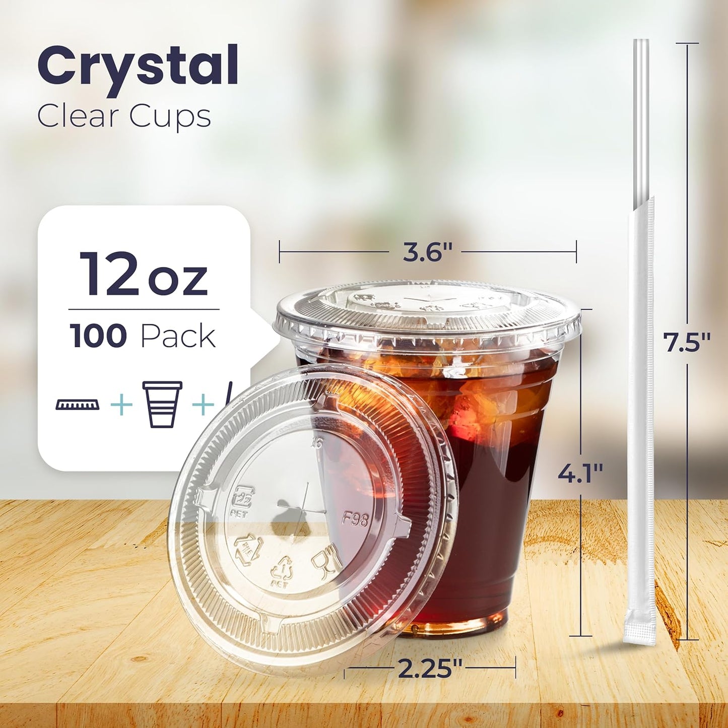 Fit Meal Prep 100 Pack 12 oz Plastic Iced Coffee Cups with Flat Lids and Clear Straws, Disposable Clear Cup, BPA Free Cup for Party, Smoothie, Cold Drinks, Juice, Milkshake, Bubble Boba, Tea