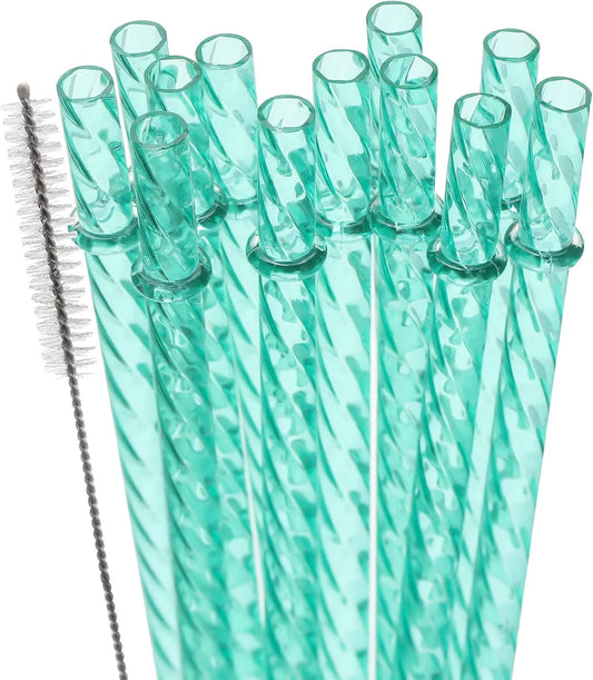 Dakoufish 12 Inch Reusable Clear Plastic Swirl Drinking Straws for 30 oz & 40 oz Jars/Tumblers,Set of 12 Pcs Replacement Crystal Mint Straws with Cleaning Brush (12inch,Mint)