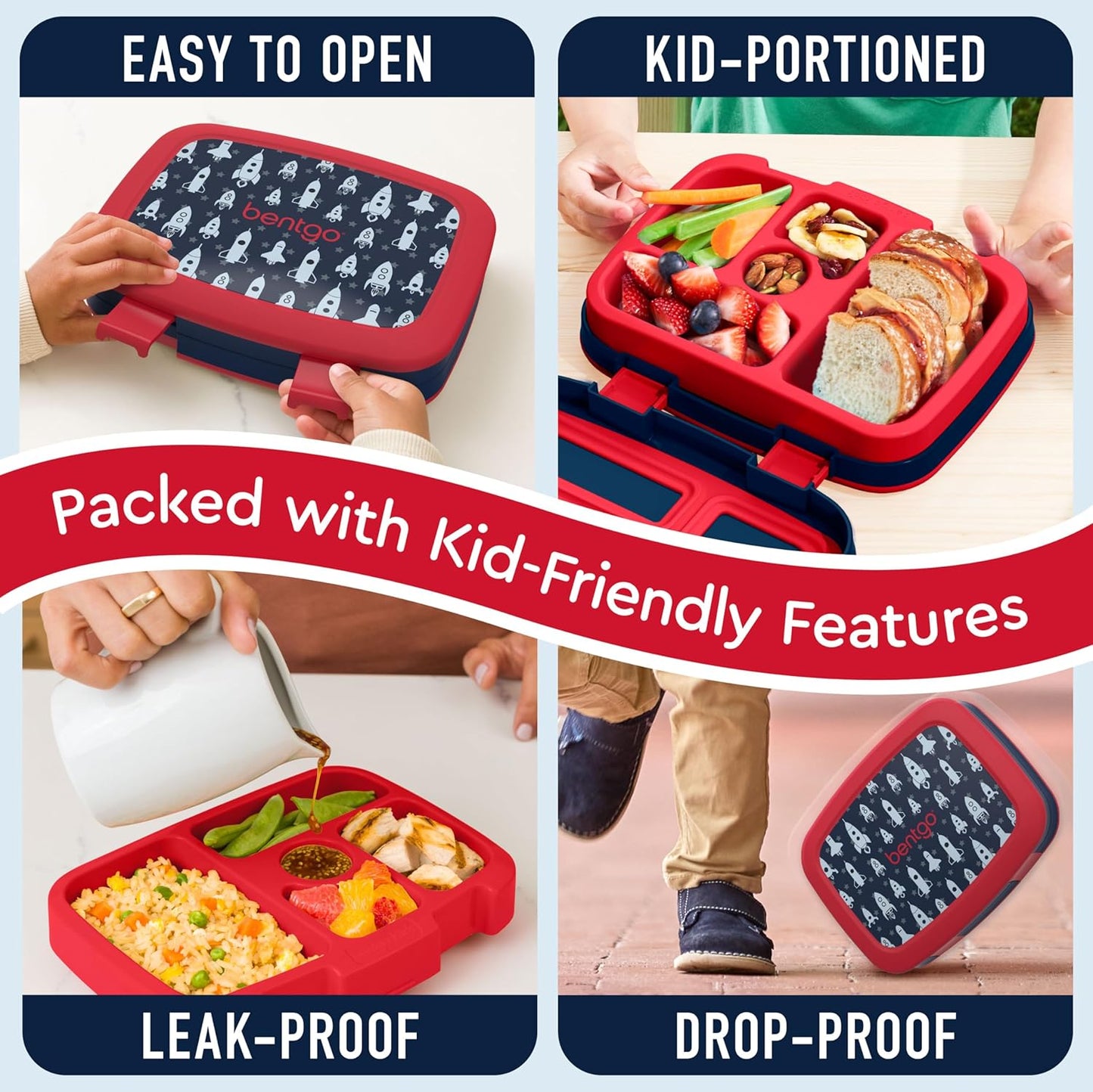 Bentgo Kids Prints Leak-Proof, 5-Compartment Bento-Style Kids Lunch Box - Ideal Portion Sizes for Ages 3-7, Durable, Drop-Proof, Dishwasher Safe, & PFAS & BPA-Free Materials (Rocket)