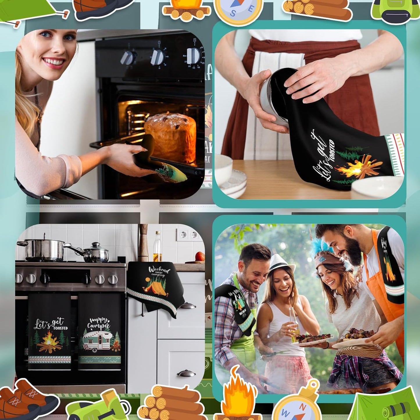 Boyiee 6 Pcs Camping Kitchen Towels Black Absorbent Dish Towels Bonfire Tent Car Tea Towels 24 x 16 Inches with Funny Sayings Novelty Gifts for Campers Happy Camper Camping Accessories for RV Campers