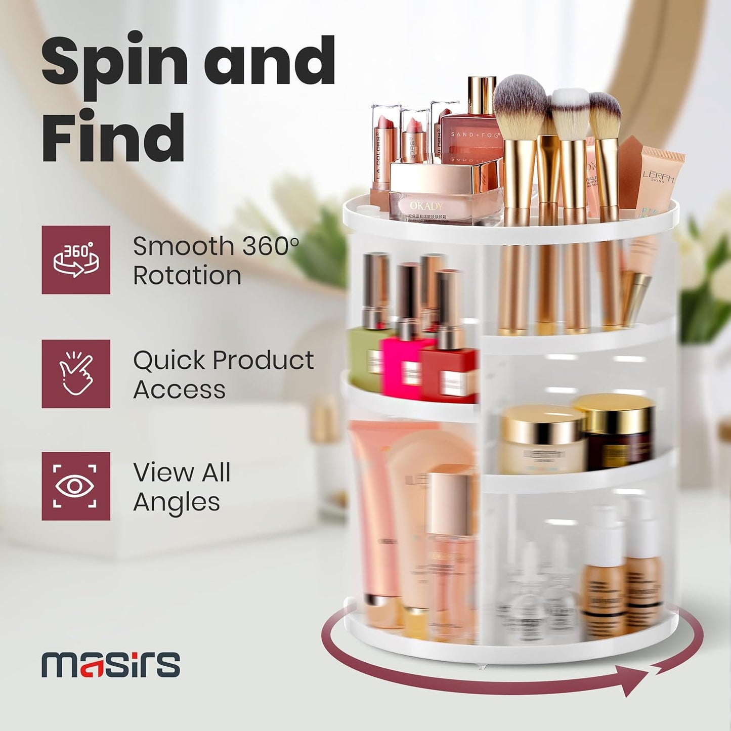 Masirs 360 Rotating Makeup Organizer - Adjustable Shelf Height and Fully Rotatable. The Perfect Cosmetic Organizer for Bedroom Dresser or Vanity Countertop. (White)