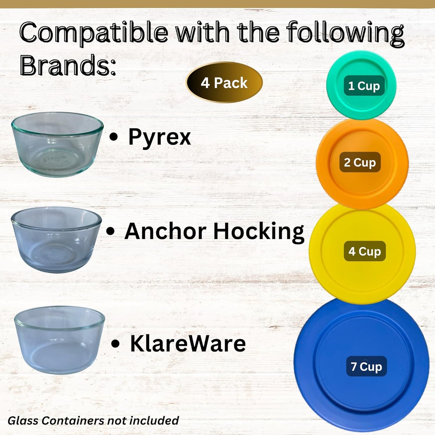 1, 2, 4 & 7 Cup Green, Orange, Yellow, Blue Replacement Lids/Covers for Pyrex, Anchor Hocking & KlareWare Storage Bowls *Lids Only Glass Container Not Included* (4 Pack *One of Each Size*)
