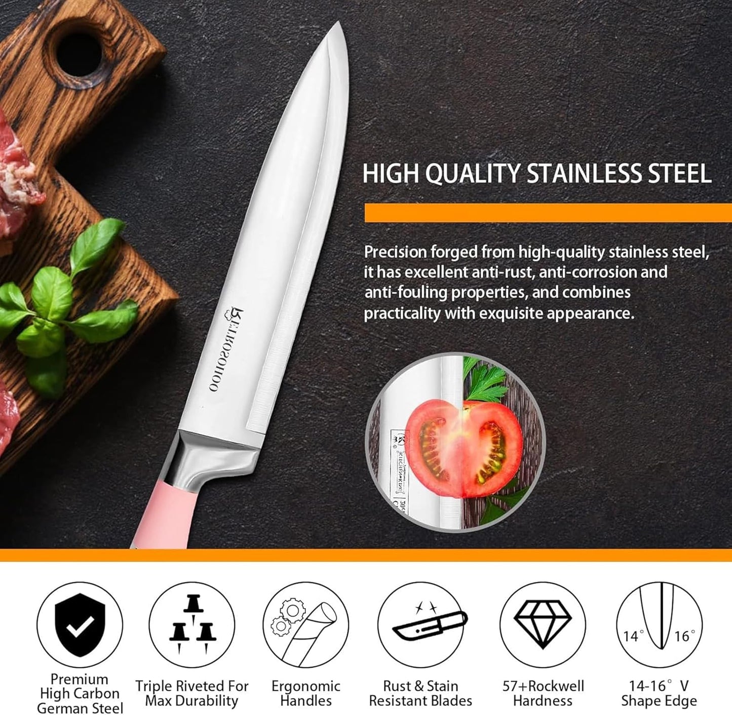 Kitchen Knife Set, Retrosohoo 9-Pieces Pink Sharp Non-Stick Coated Chef Knives Block Set,Stainless Steel Knife Set for Kitchen with Sharpener for Cutting Slicing Dicing Chopping (Pink)