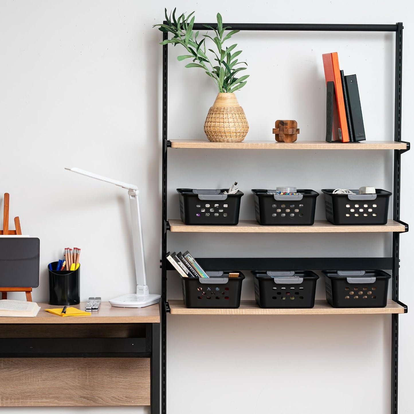 IRIS USA Plastic Basket, 6-Pack, Medium, Shelves Storage Basket for Organizing Pantry, Cabinet, Bedroom, Closet, Laundry Room, Office, Black