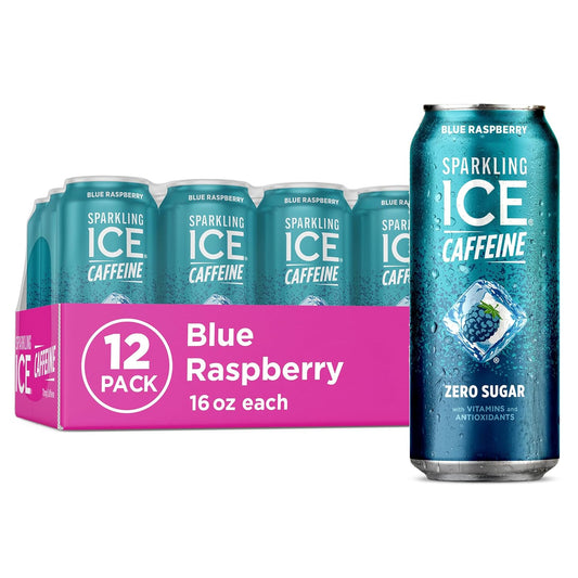 Sparkling Ice Caffeine Blue Raspberry Sparkling Water with Caffeine, Zero Sugar, with Antioxidants and Vitamins,16 fl oz Cans (Pack Of 12)