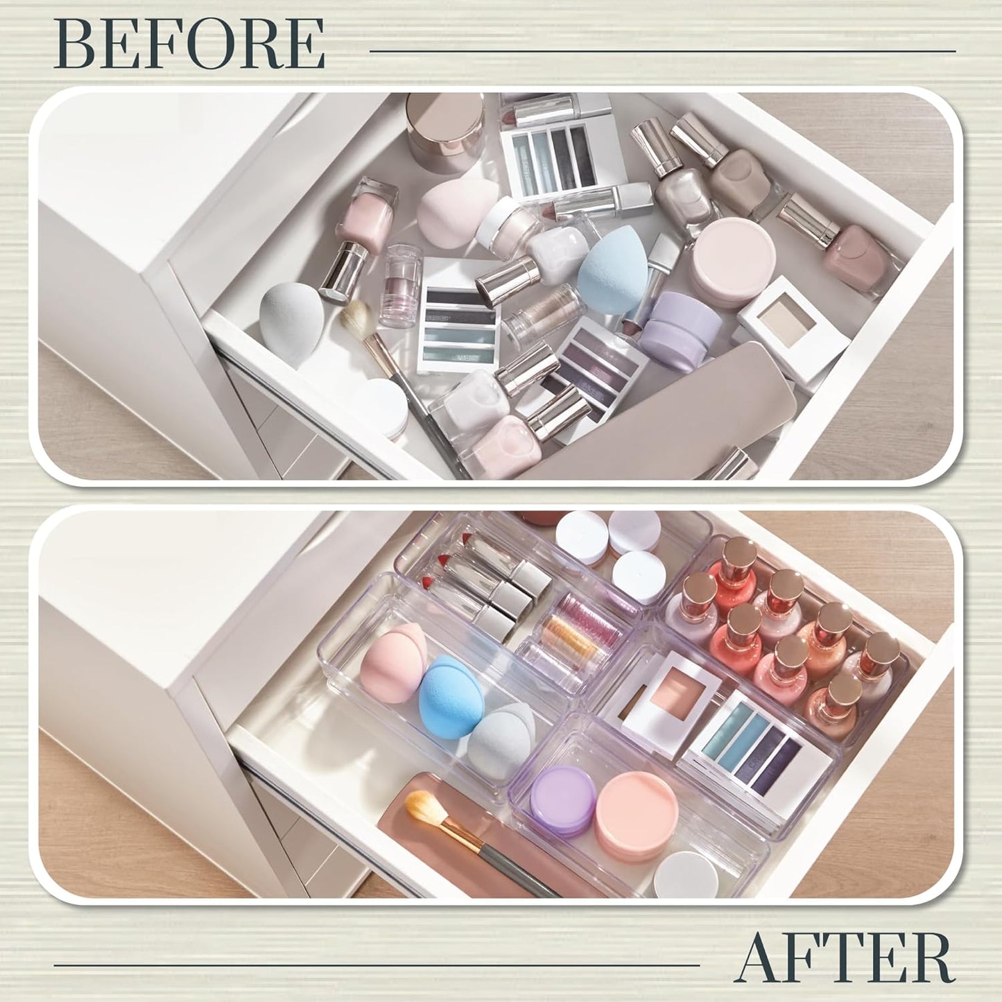 STORi SimpleSort 6-Piece Stackable Clear Drawer Organizer Set | 6" x 3" x 2" Rectangle Trays | Small Makeup Vanity Storage Bins and Office Desk Drawer Dividers | Made in USA