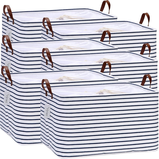 Hinwo 70L Extra Large Storage Bins, 6-Pack Closet Organizers and Storage, Foldable Clothes Storage Baskets with Handles, Containers for Clothing, Blanket, Comforters, Toys, Bedding (Navy Stripe)