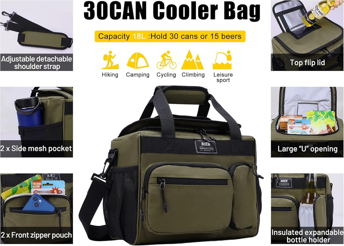 MIER Leakproof Insulated Cooler Lunch Bag for Adult Men Women 30 Can Cooler Bag with Top Flip Lid, 18L, Multiple Pockets (Dark Green-No Luggage Strap)