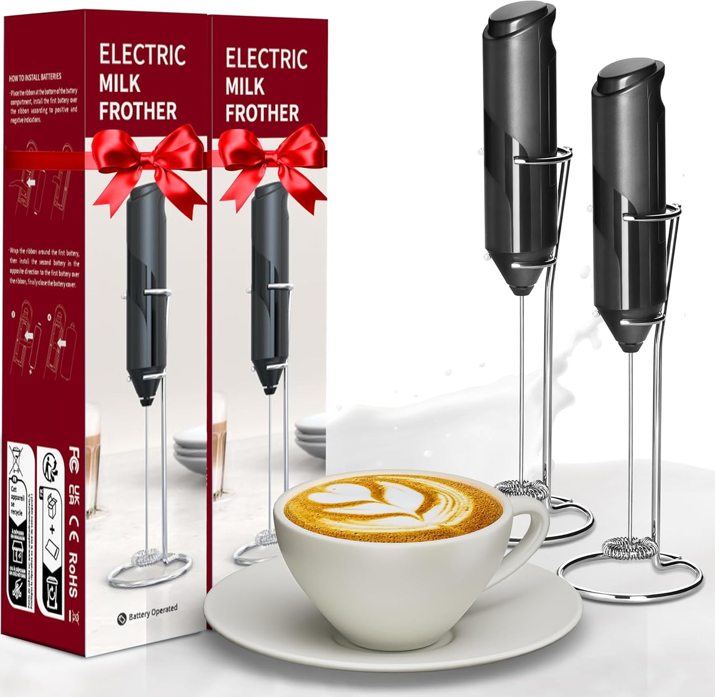 YSSOA Electric Milk Frother Handheld with Stainless Steel Stand Battery Operated Whisk Drink Mixer for Coffee, Frappe, Latte, Matcha, Hot Chocolate, Black 2 Pack