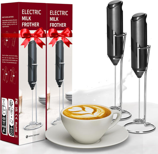 YSSOA Electric Milk Frother Handheld with Stainless Steel Stand Battery Operated Whisk Drink Mixer for Coffee, Frappe, Latte, Matcha, Hot Chocolate, Black 2 Pack
