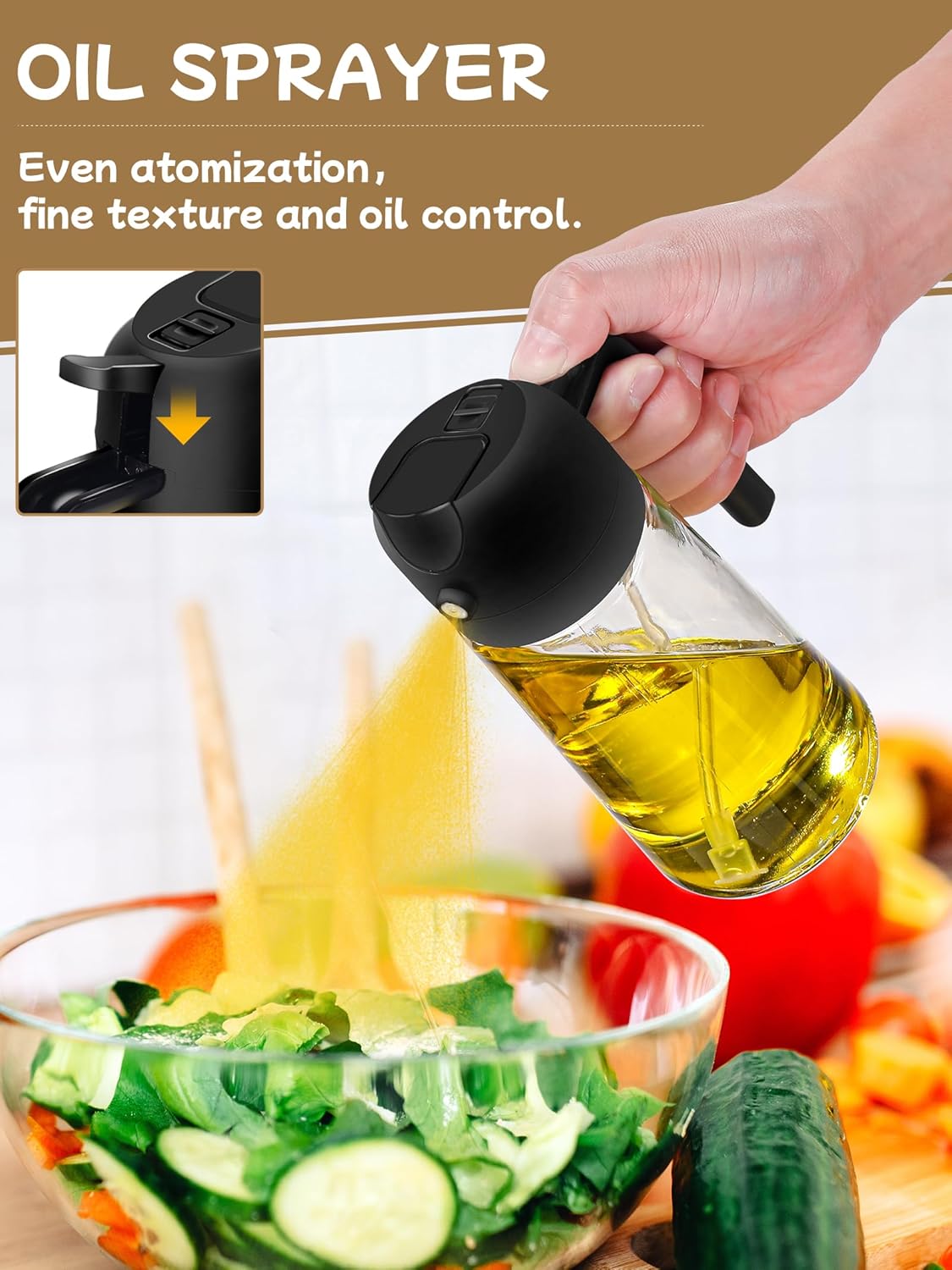 Kitchen Gadgets Oil Sprayer for Cooking 2pcs,Oil Dispenser for Kitchen,2 in 1 Oil Dispenser and Oil Sprayer,16oz Olive Oil Dispenser Bottle for Air Fryer,Salad, Grill (Black Kitchen Accessories)