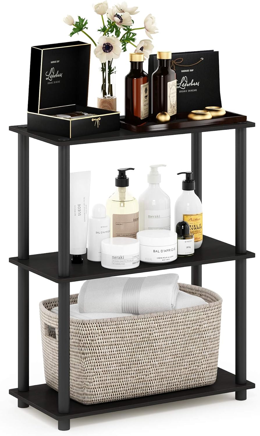 Furinno TURN-N-TUBE Storage Shelves, 3-Tier Book Shelf, Corner Shelf, Toolless Open Shelves, for Organization and Storage, Living Room, Garage, Home Office, Espresso