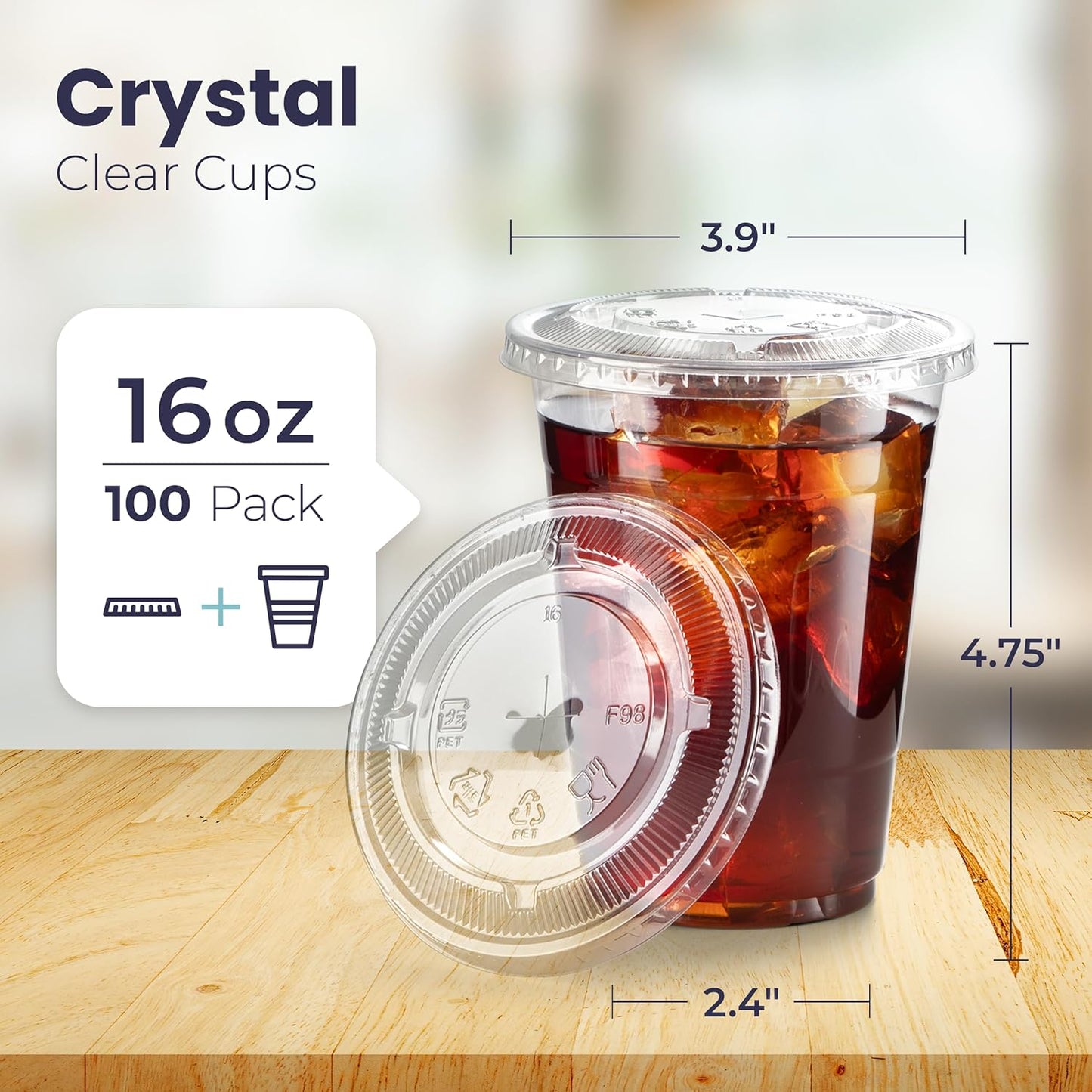 Fit Meal Prep 100 Pack 16 oz Clear Plastic Cups with Flat Lids, Disposable Iced Coffee Cups, BPA Free Premium Crystal Smoothie Cup for Party, Lemonade Stand, Cold Drinks, Juice, Milkshake
