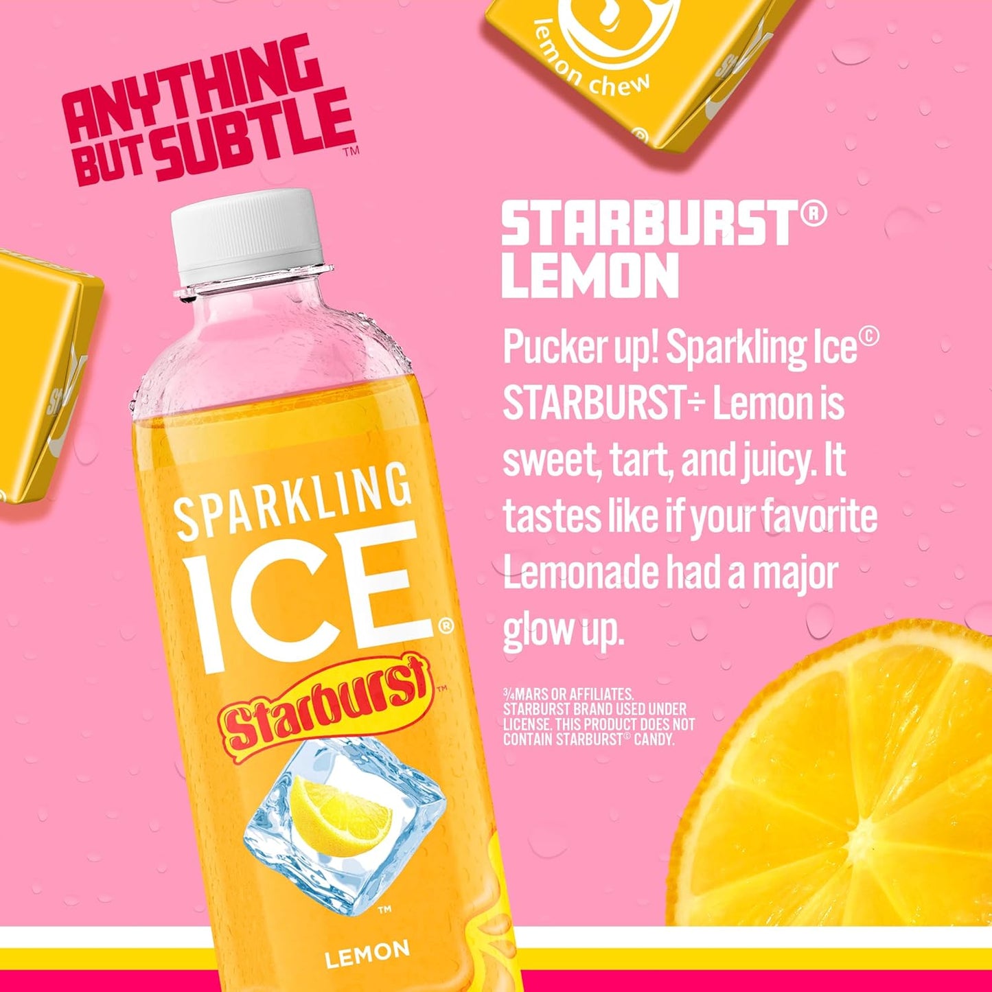 Sparkling Ice STARBURST Lemon, Zero Sugar Flavored Sparkling Water, with Vitamins and Antioxidants, Low Calorie Beverage, 17 fl oz Bottles (Pack of 12)