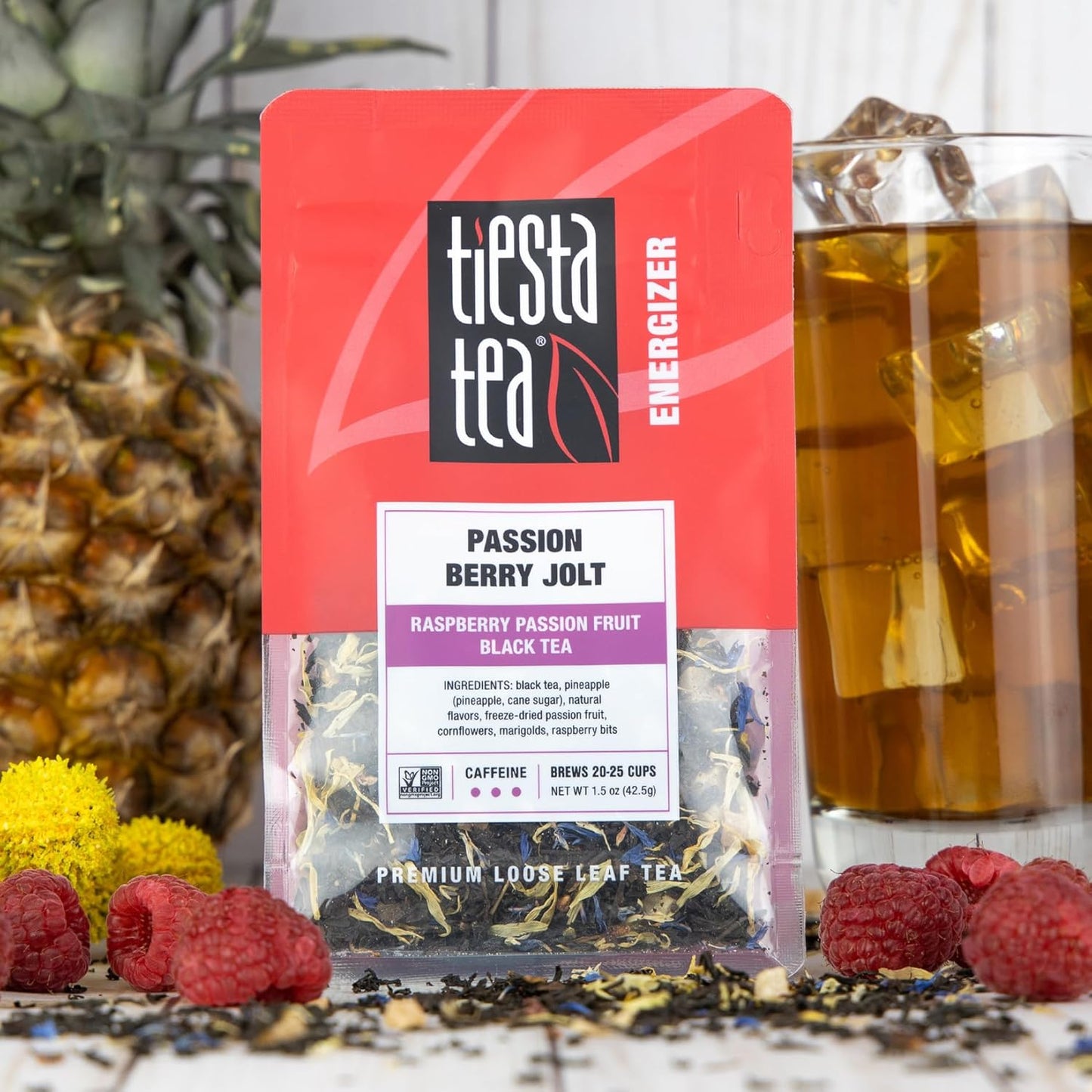 Tiesta Tea Passion Berry Jolt, Premium Loose Leaf, Classic Black Tea Blends, Raspberry Passion Fruit Black Tea, High-Caffeine, Hot or Iced Brews Up to 25 Cups, 1.5 Ounce Resealable Pouch