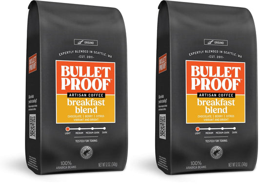Bulletproof Breakfast Blend Light Roast Ground Coffee, 12 Ounces, Clean Coffee Tested for Toxins, Packaging May Vary (Pack of 2)
