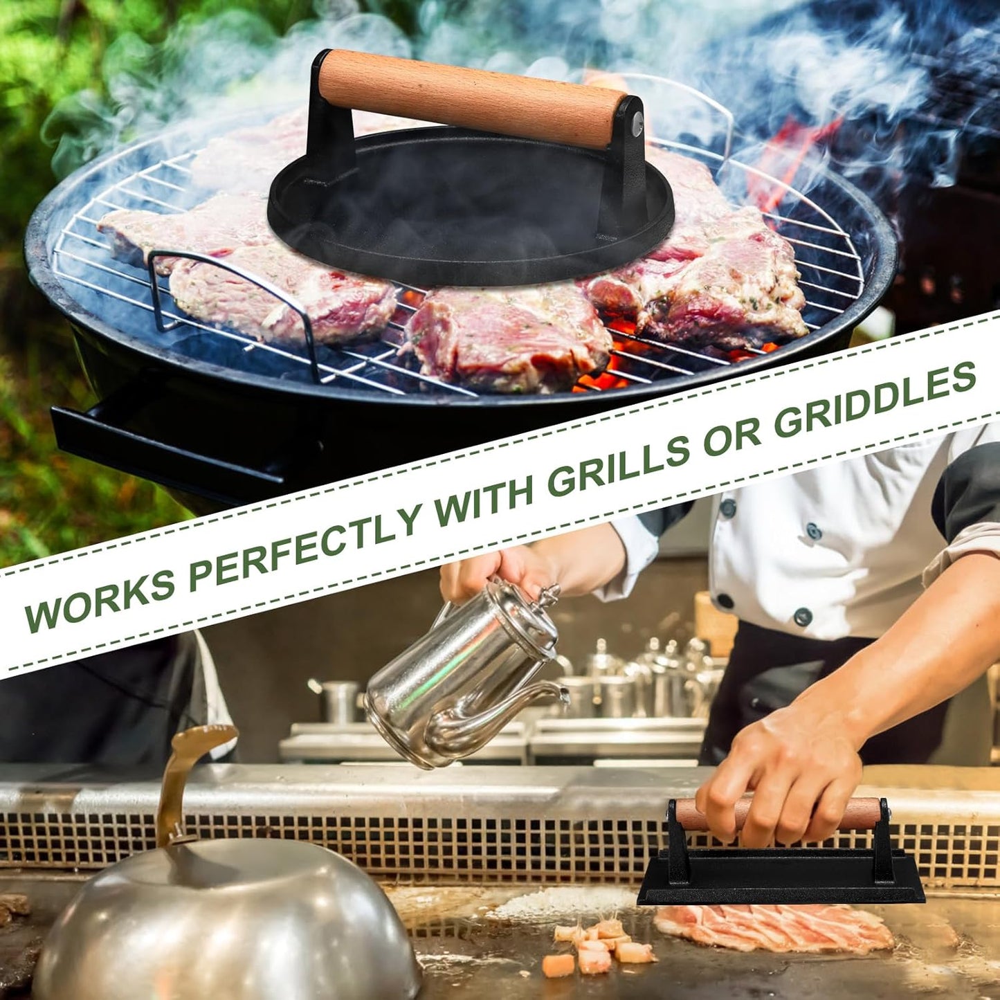 EWFEN Cast Iron Smash Bacon Press Meat Steak with Wood Handle, Burger Press(Round & Rectangle with Flat Bottom)