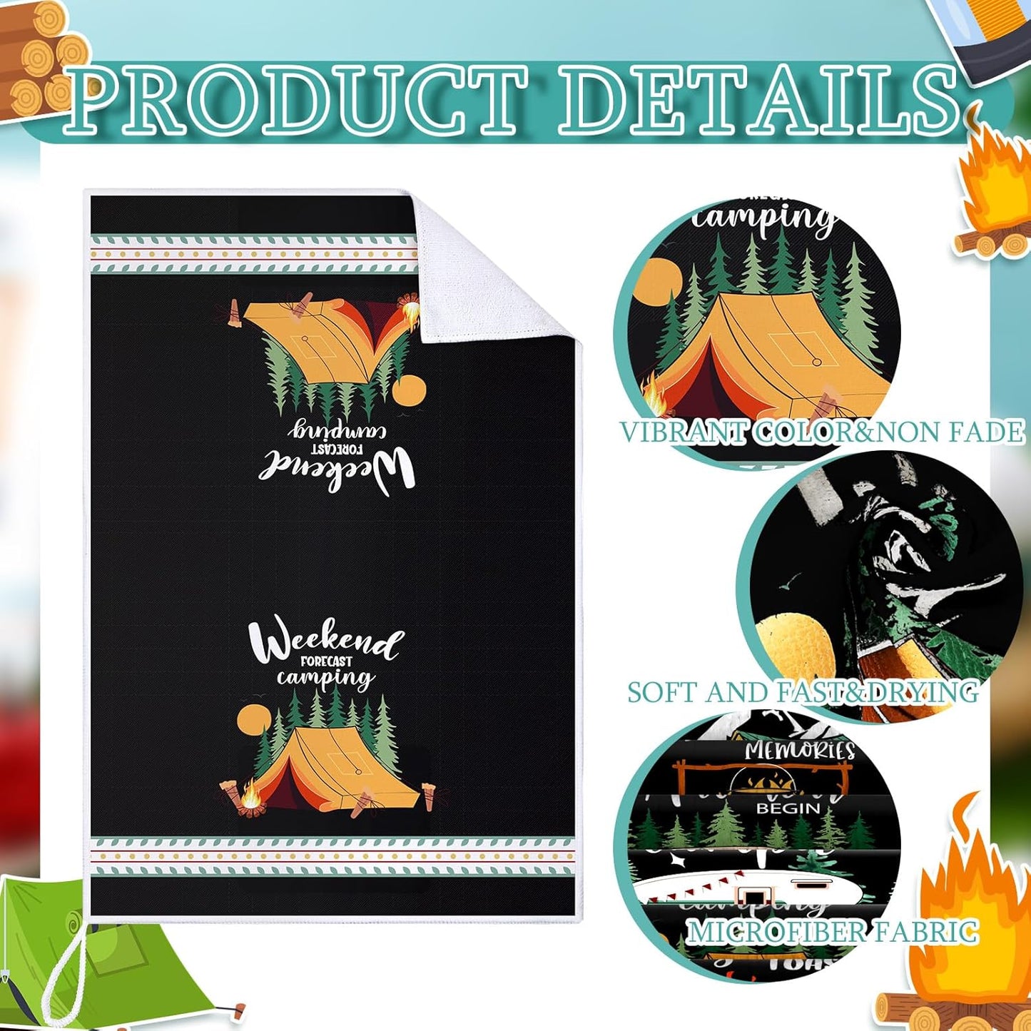 Boyiee 6 Pcs Camping Kitchen Towels Black Absorbent Dish Towels Bonfire Tent Car Tea Towels 24 x 16 Inches with Funny Sayings Novelty Gifts for Campers Happy Camper Camping Accessories for RV Campers