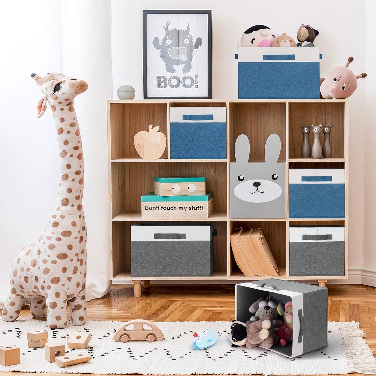 GhvyenntteS Storage Baskets for Shelves 3 Pack, Large Fabric Storage Bins with 3 Handles, Collapsible Closet Organizers and Storage, Sturdy Closet Organizer Bins/Laundry Room Organization, Blue