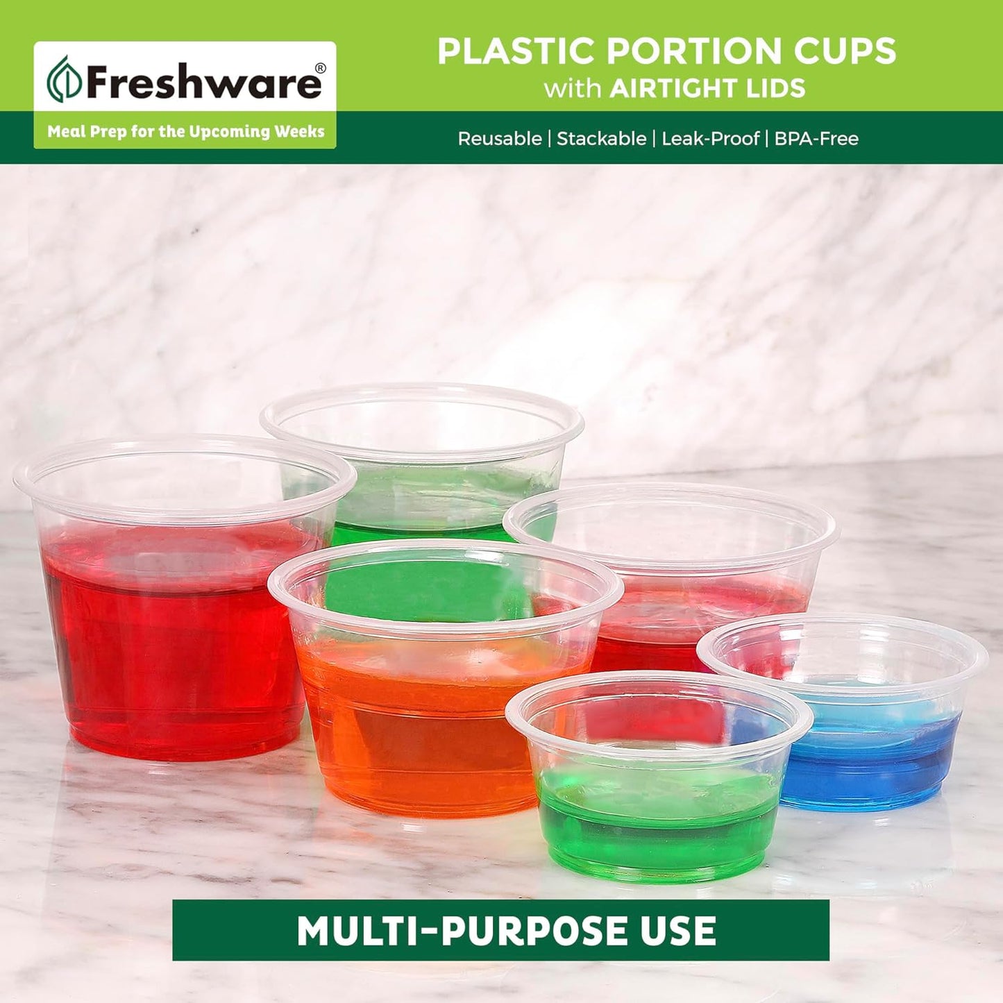Freshware Plastic Portion Cups with Lids [4 Ounce, 200 Sets] Disposable Plastic Cups for Meal Prep, Salad Dressing, Jellos Shot Cups, Souffle Cups, Condiment and Dipping Sauce Cups