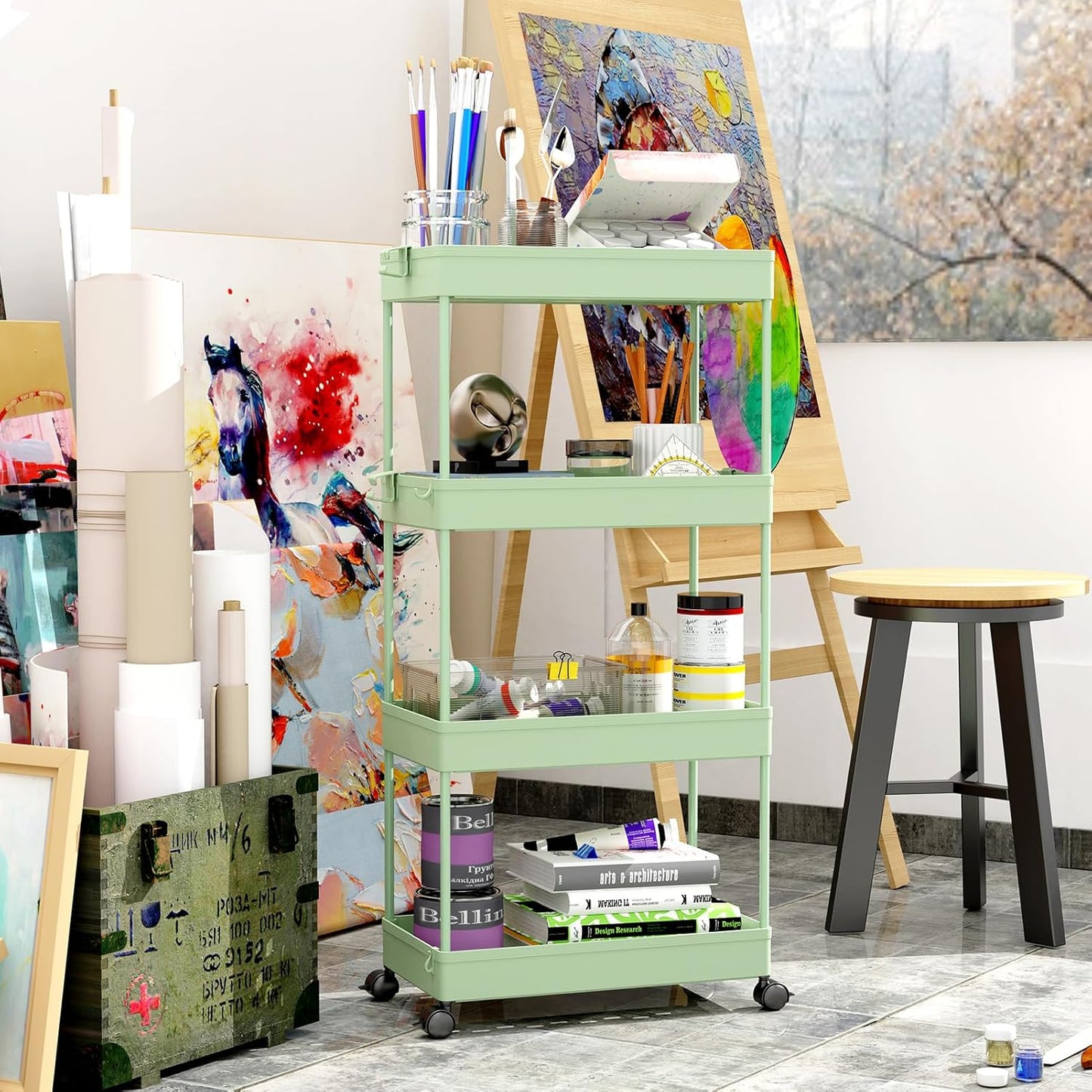 SPACEKEEPER Storage Cart 4-Tier, Bathroom Rolling Cart Utility Storage Organizer Shelf Mobile Shelving Unit for Kitchen Living Room Bathroom Laundry Room & Dressers, Green