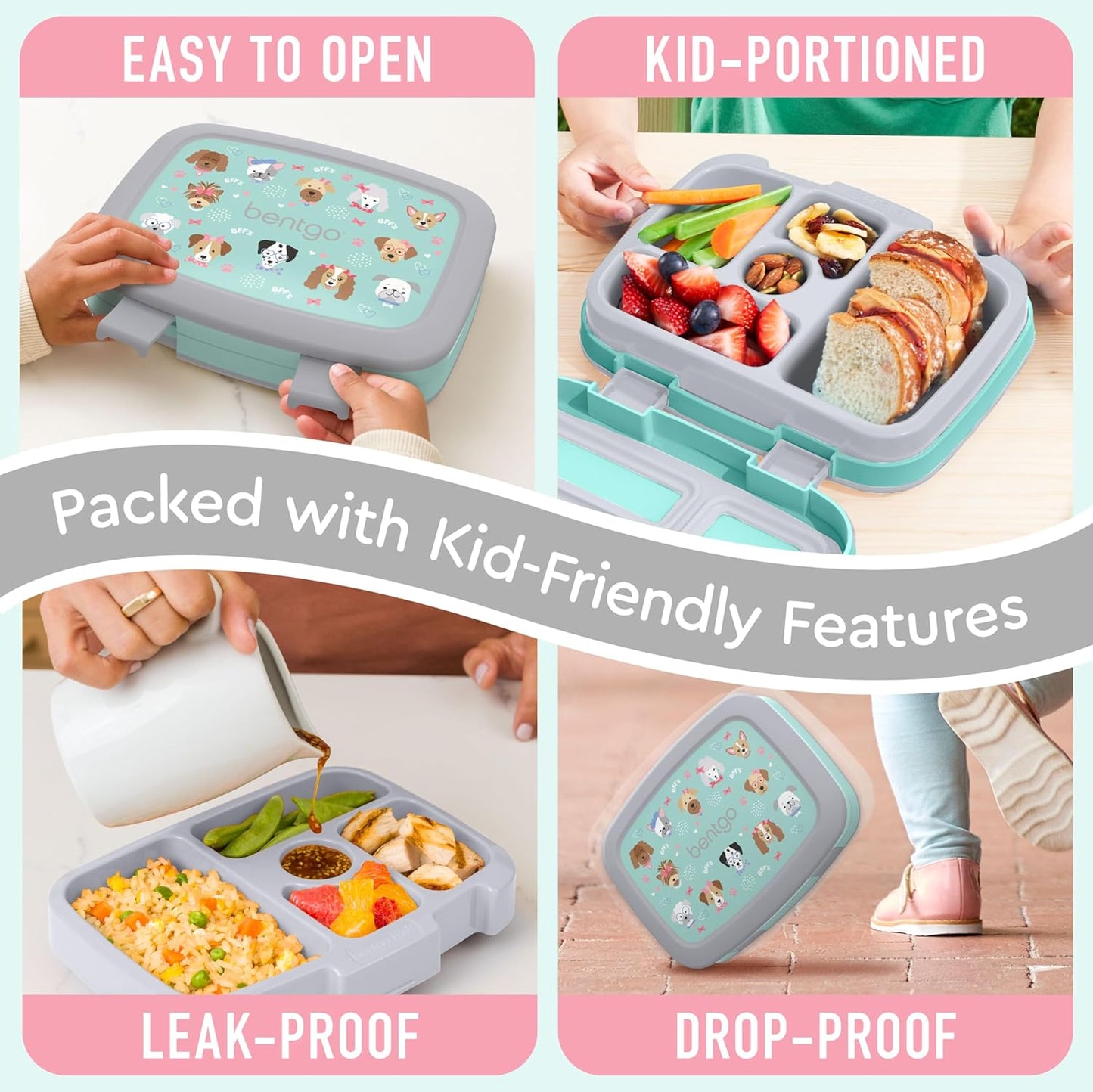 Bentgo Kids Prints Leak-Proof, 5-Compartment Bento-Style Kids Lunch Box - Ideal Portion Sizes for Ages 3-7, Durable, Drop-Proof, Dishwasher Safe, & PFAS & BPA-Free Materials (Puppy Love)