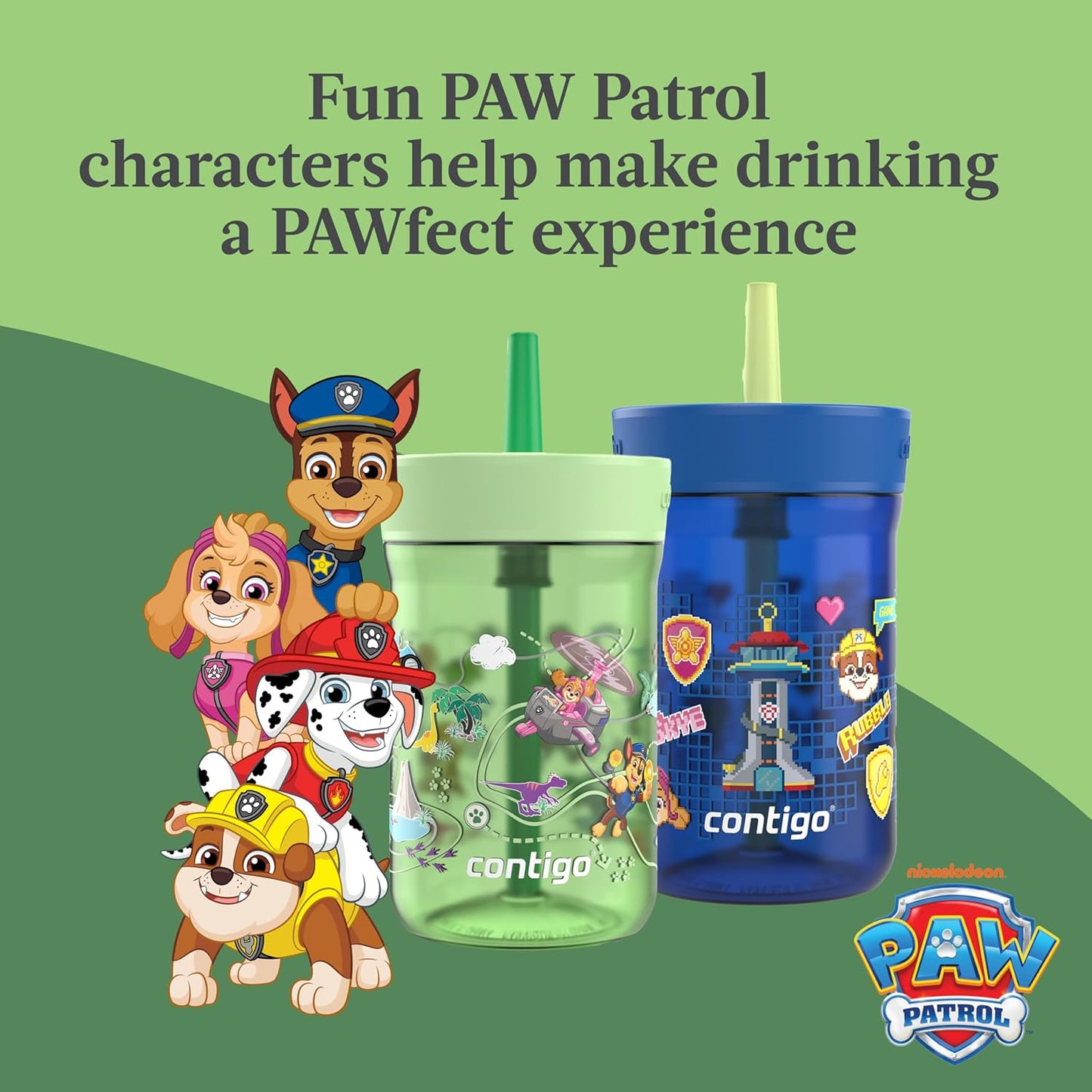Contigo Kids Leighton Spill-Proof 2-Pack Paw Patrol Tumbler with Straw, 14oz, Power Pups and Dino Treks, Green and Blue