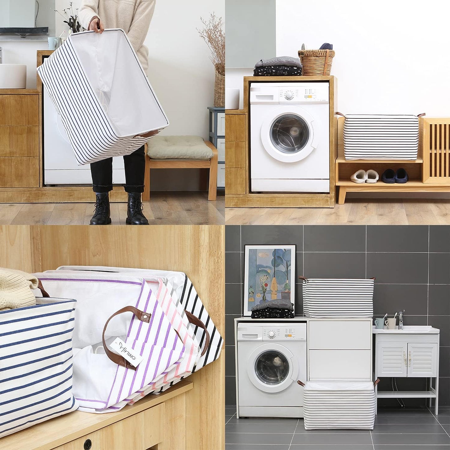 Hinwo 70L Extra Large Storage Bins, Closet Organizers and Storage, Foldable Clothes Storage Baskets with Handles, Containers for Clothing, Blanket, Comforters, Toys, Bedding (Black Stripe)