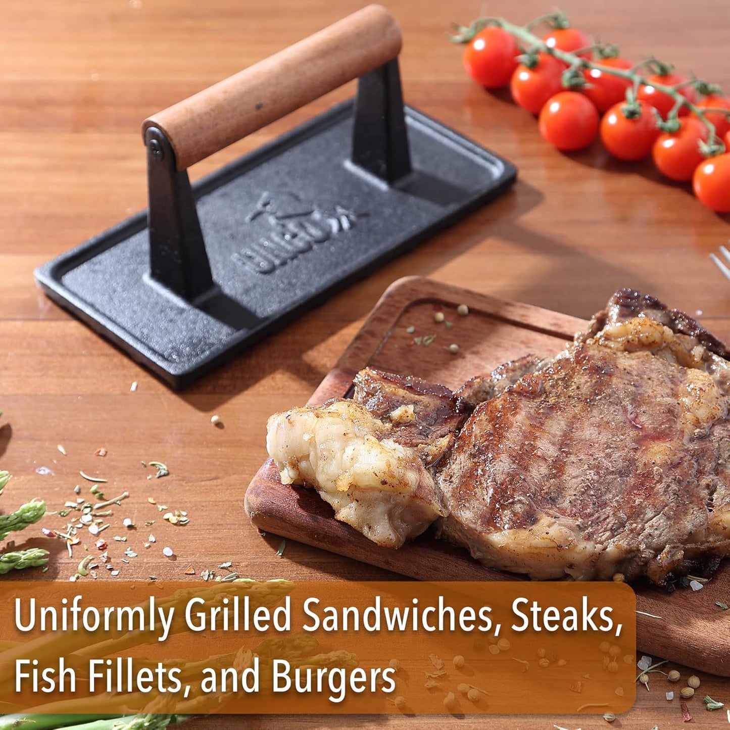 UNCO- Cast Iron Grill Press, 8.5 x 4.1 Inch, 2.6 lbs, Burger Press for Griddle, Sandwich Press, Bacon Press for Griddle, Griddle Press, Meat Press Cast Iron, Hamburger Press for Griddle