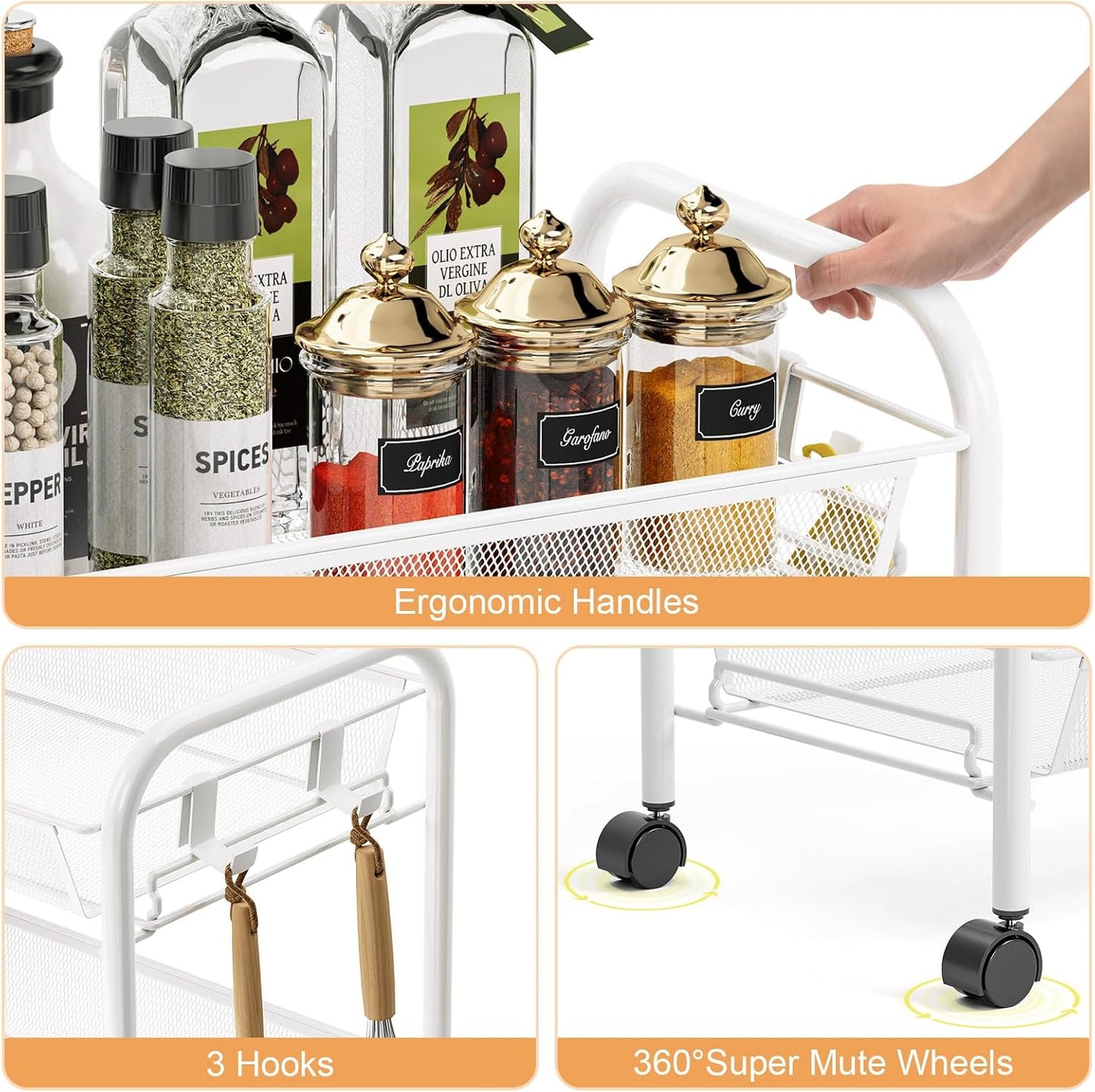 TOOLF 3-Tier Metal Rolling Cart, Mesh Wire Easy Assemble Utility Cart, Storage Trolley on Wheels with 3 Hooks, MetalStorage Shelving Units for Kitchen Bathroom Laundry Room