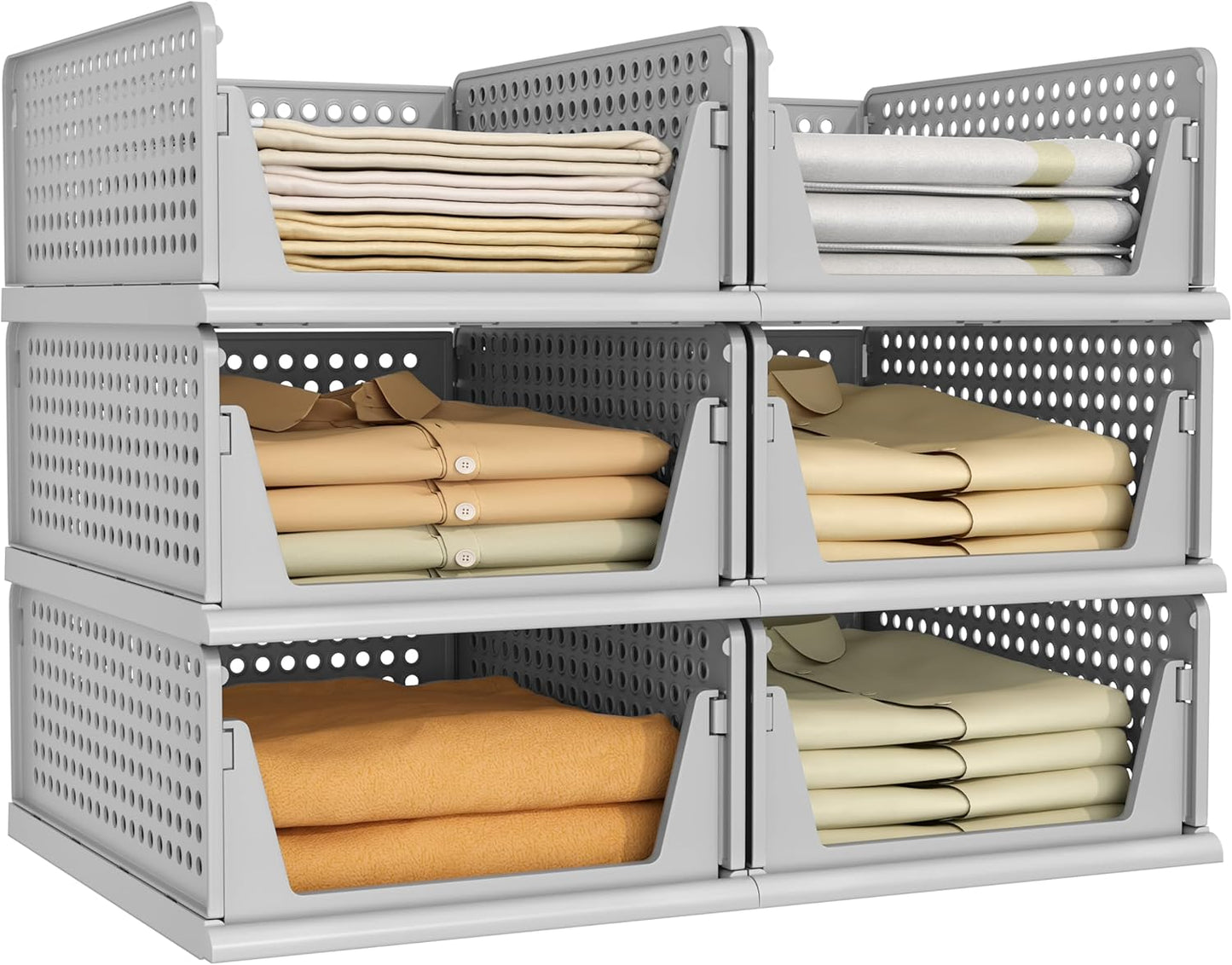 Pinkpum 6 Pack Closet Organizers Storage Box, Stackable Plastic Drawer Basket for Clothing, Stackable Storage Bins Shelf Storage Container for Closet Wardrobe Bedroom Bathroom Office Grey