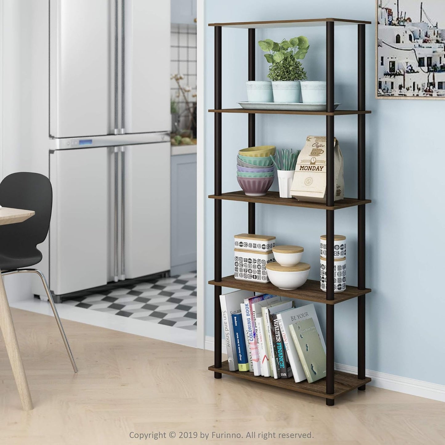 Furinno TURN-N-TUBE Storage Shelves, 5-Tier Book Shelf, Corner Shelf, Toolless Open Shelves, for Organization and Storage, Living Room, Garage, Home Office, Walnut