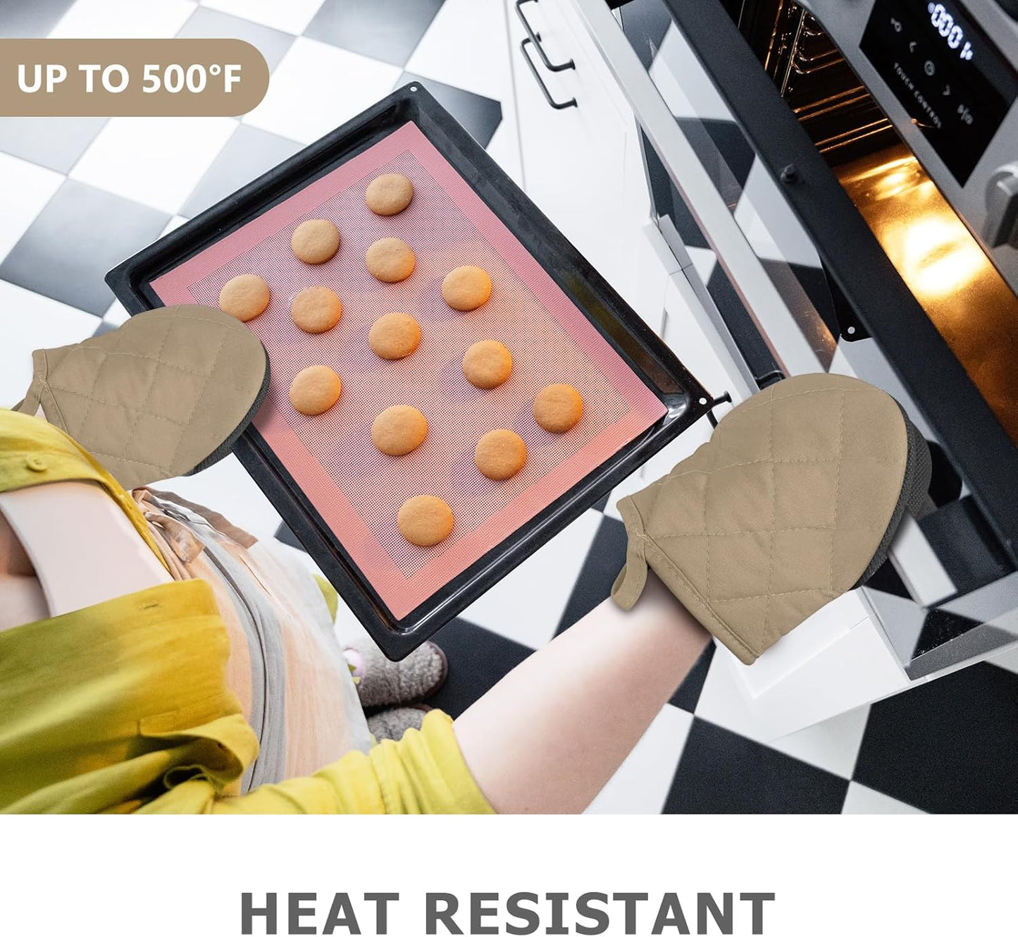 1 Pair Short Oven Mitts - Silicone Kitchen Oven Gloves High Heat Resistant 500℉, Mini Oven Mits with Non-Slip Grip Surfaces and Hanging Loop for BBQ, Baking, Cooking and Grilling (Coffee)