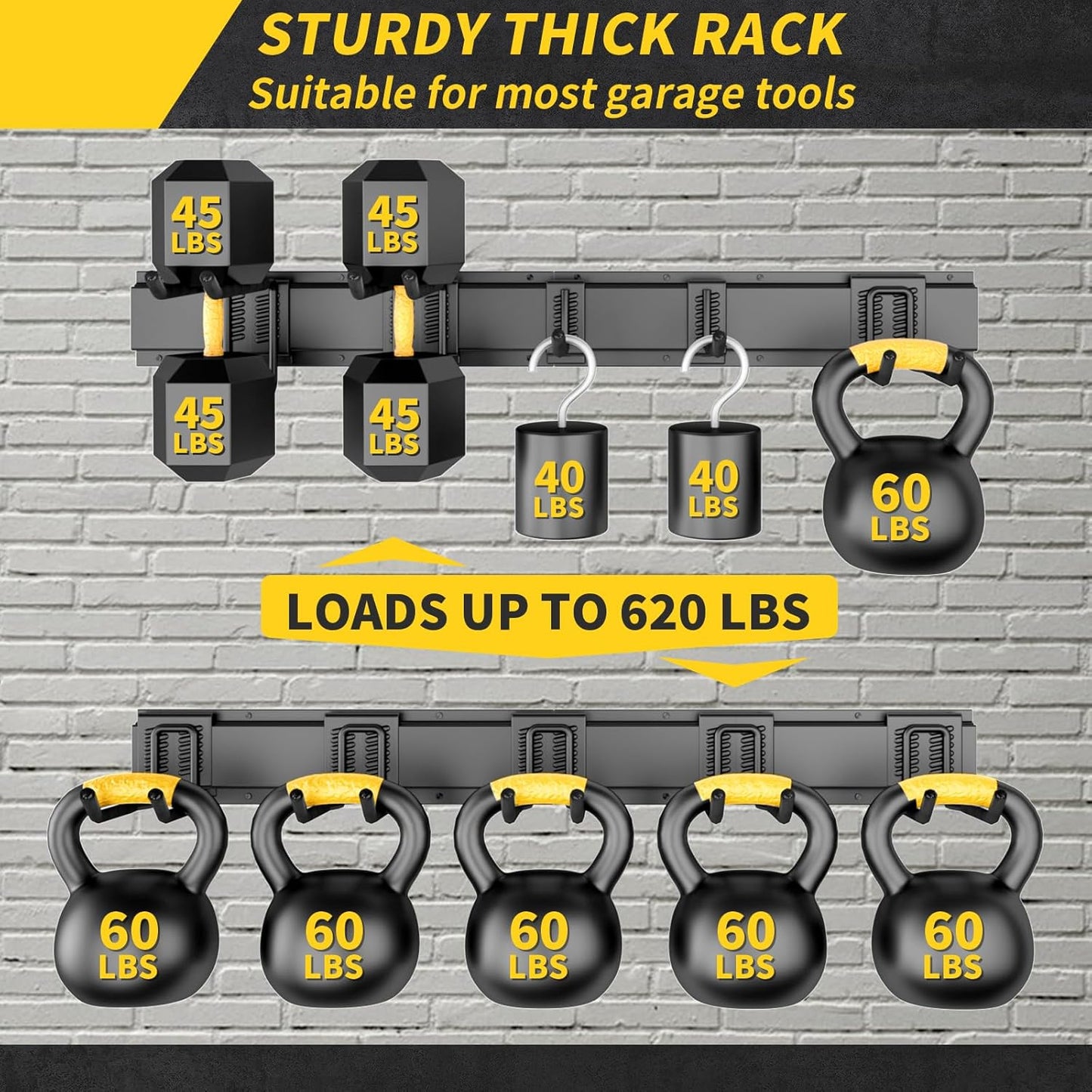 64 Inches Garage Storage, UUP Garage Organization Wall Mount Garden Tool Organizer, 620lbs Adjustable Metal Hooks, Yard Shed Rail Rack, Lawn Tool Holder for Hanging Rake Broom Mop Snowboard, Home Gift