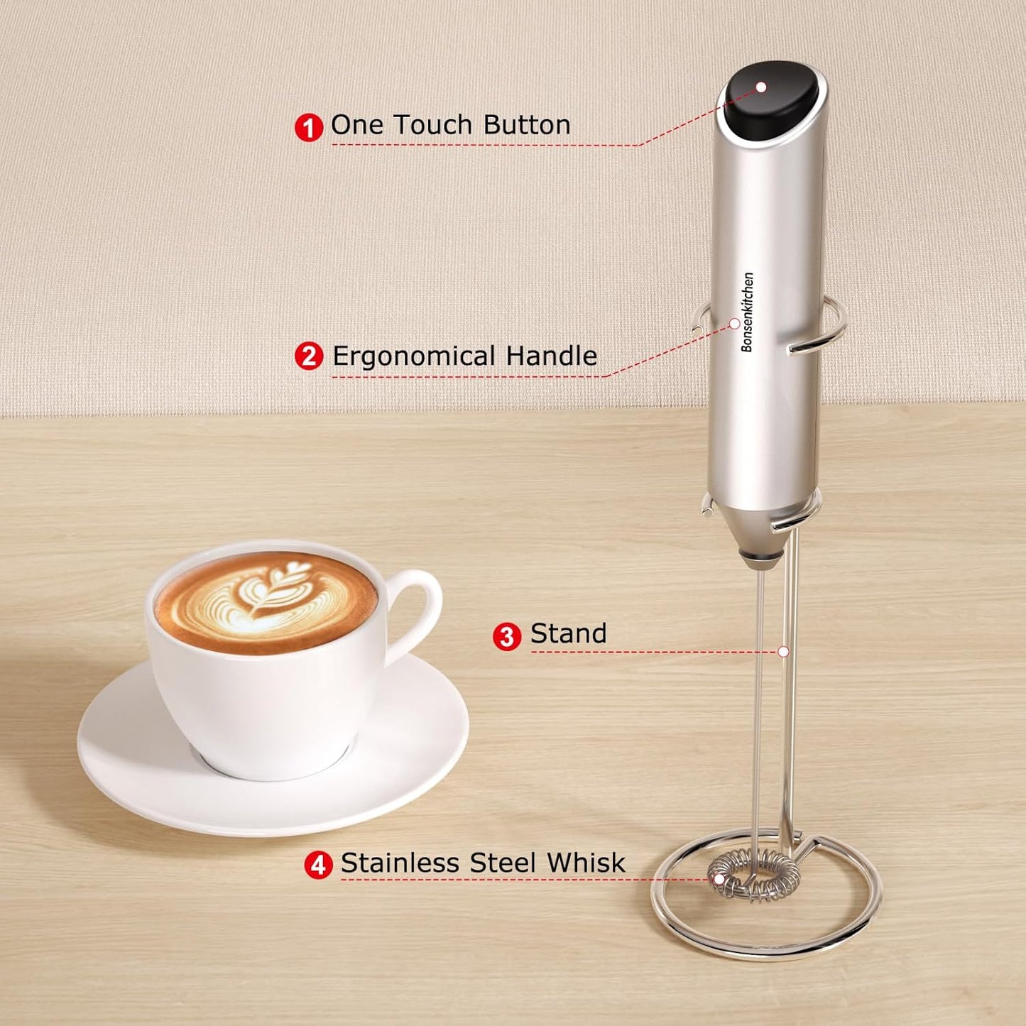Bonsenkitchen Milk Frother Hanheld with Stand, Electric Coffee Frother, Portable Hand Frother Wand Drink Mixer for Matcha Lattes Cappuccino, Kitchen Gifts (Battery Included)