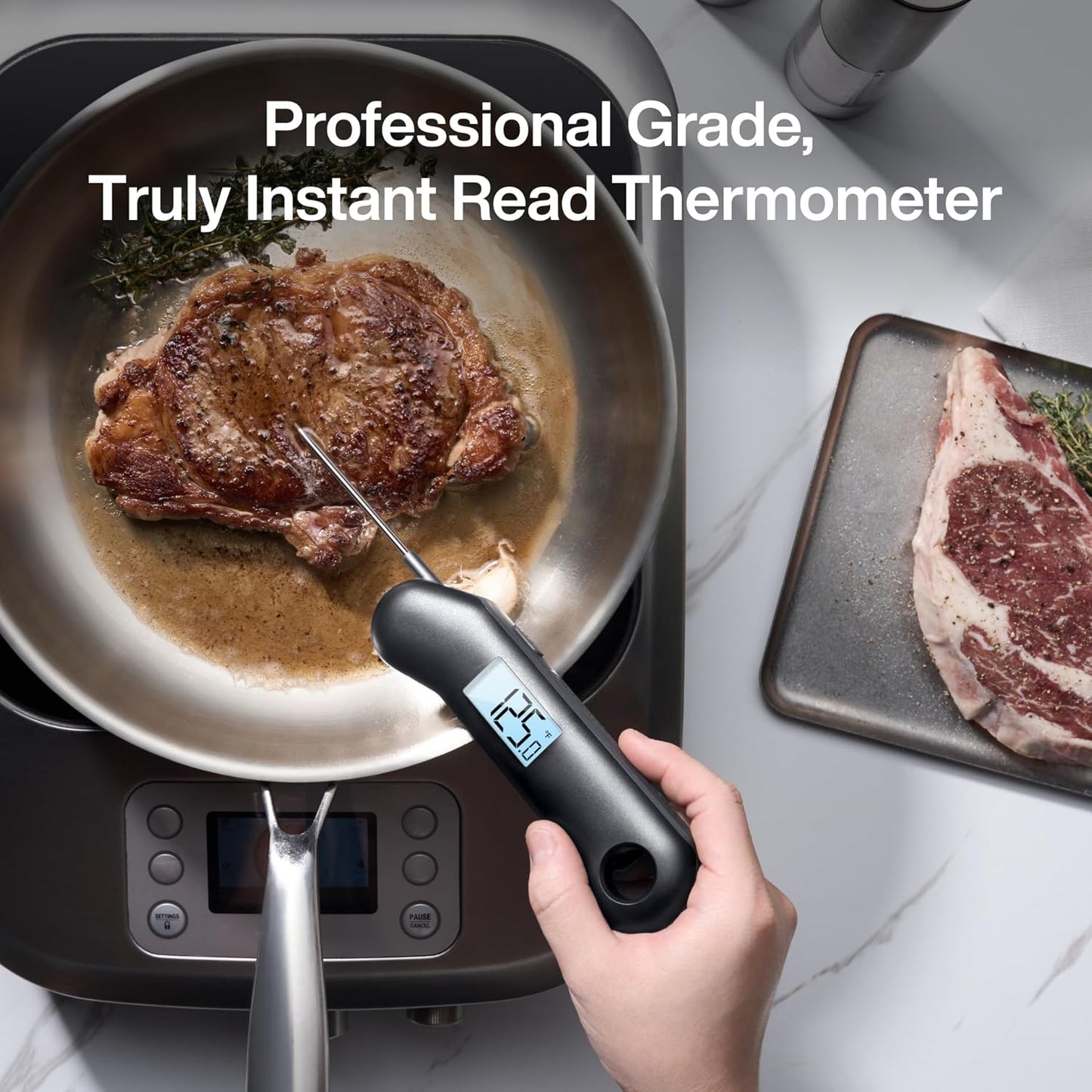 ProfessionaI Meat Thermometer Digital, 3X Faster 0.5 Sec Instant Read, NIST Certified Accuracy ±0.5°F, 100% Waterproof, Auto-Rotating Bright Display, for Candy/Grill/BBQ, Black & Gray