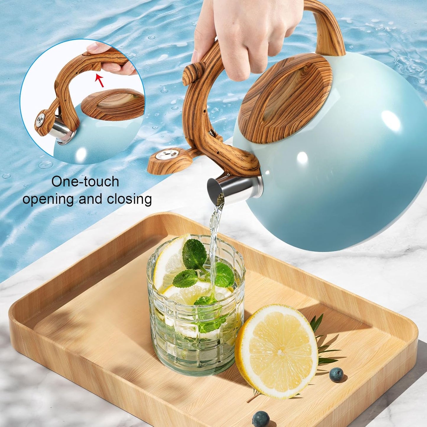 GGC Tea Kettle for Stove Top, 3.1QT/3L Whistling Tea Kettles for Boiling Water Coffee or Milk, Gradient Gray Tea Pot with Wood Parttern Handle, Stainless Steel Tea Pot for Home and Kitchen