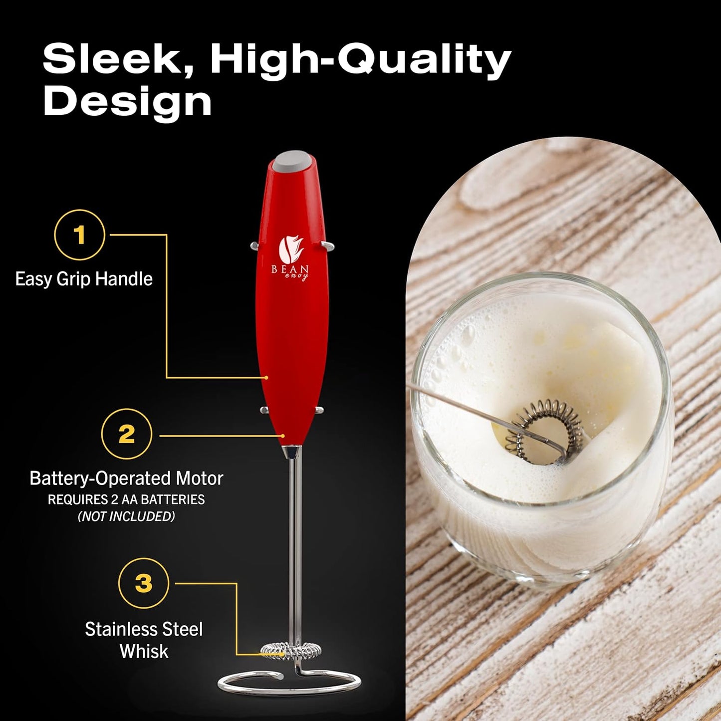 Bean Envy Milk Frother, Coffee Stirrers, Frother Wand, Milk Frother Handheld, Frother with stand, Hand Blender for Coffee, Lattes, Cappuccino, Matcha and Hot Chocolate – Kitchen Gifts - Red