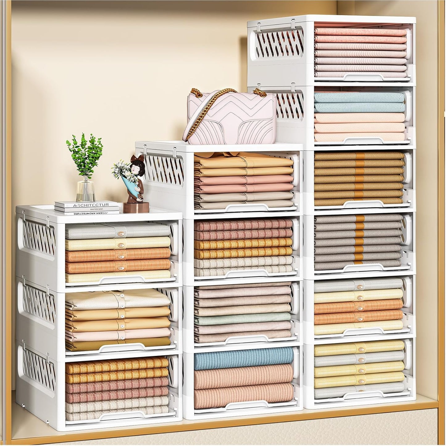 3 Pack Stackable Closet Storage Basket - Stackable Storage Bins, Multifunctional & Foldable Closet Organizer Divided, Wardrobe Cupboard Space-Saving Clothes Storage Hat Organizer, White