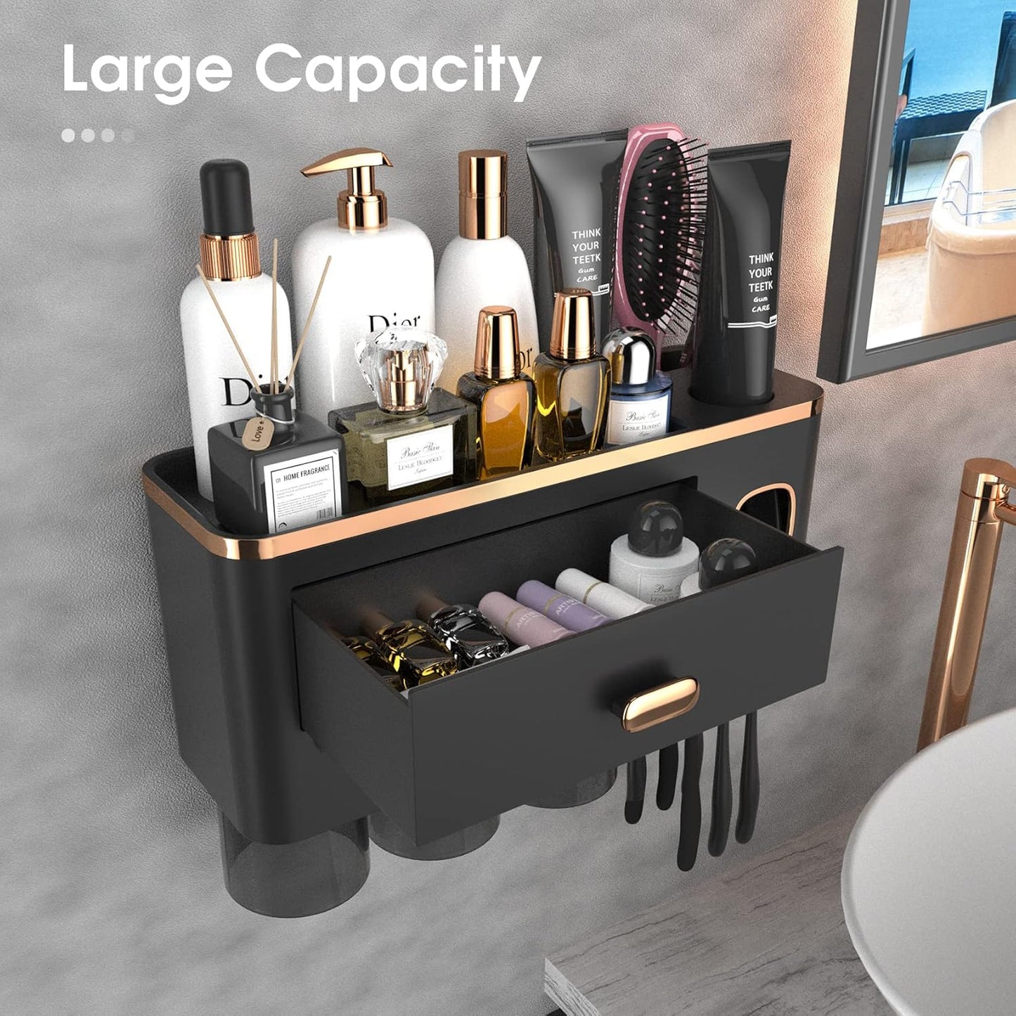 iHave Toothbrush Holders for Bathrooms - Upgrade Wall Mounted Toothbrush Holder with Toothpaste Dispenser - 3 Cups, Large Capacity Tray - Bathroom Accessories & Bathroom Storage