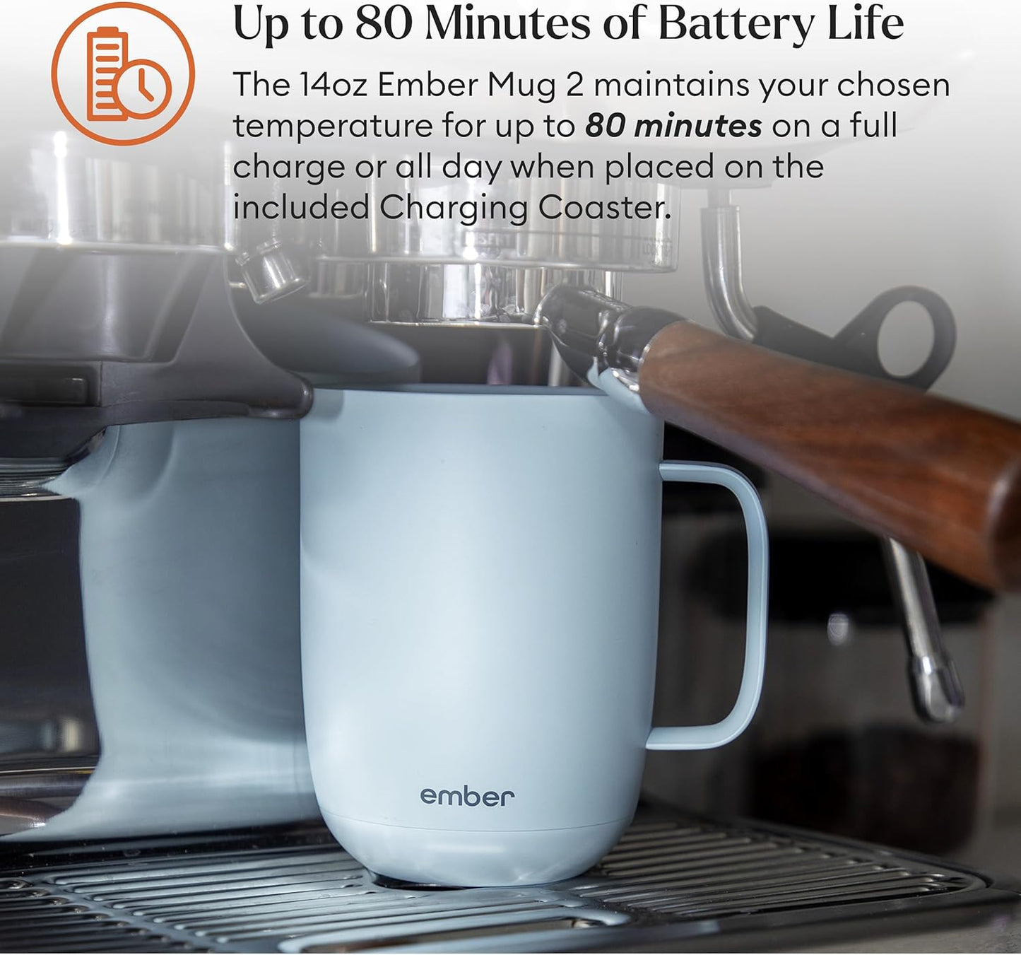 Ember Temperature Control 14oz Smart Mug 2, App-Controlled and Rechargeable Heated Coffee Cup Warmer with Intelligent LED Display, Powder Blue