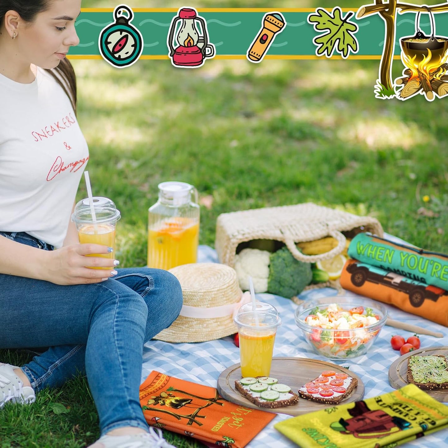 Boyiee Set of 6 Camping Kitchen Towels Absorbent Dishcloths Bonfire Tent Car Tea Towels 24 x 16 Inches with Funny Sayings Novelty Gifts for Campers Happy Camper Camping Accessories for Rv Campers